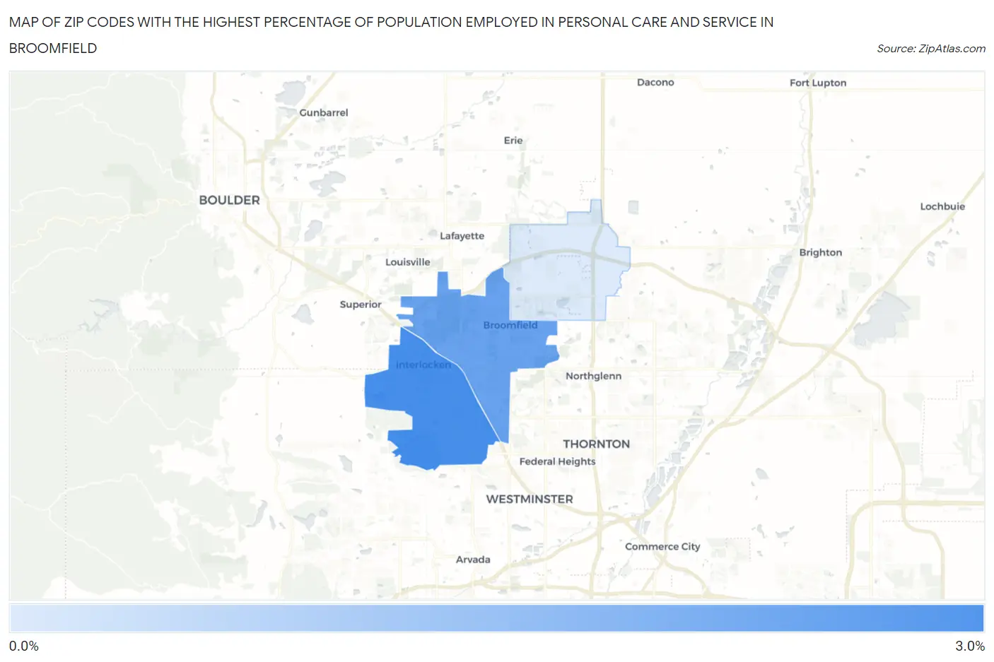 Zip Codes with the Highest Percentage of Population Employed in Personal Care and Service in Broomfield Map