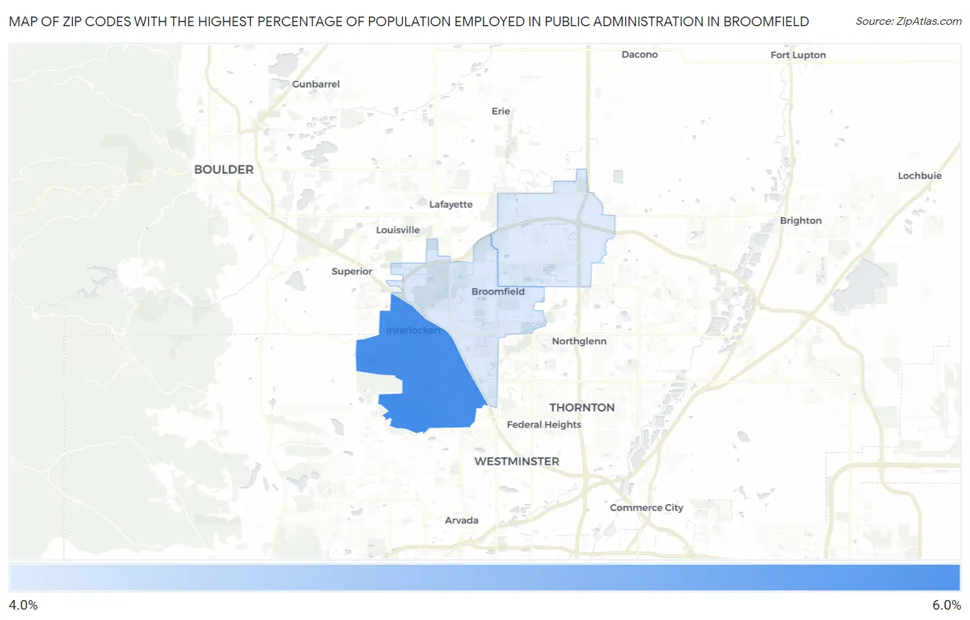 Zip Codes with the Highest Percentage of Population Employed in Public Administration in Broomfield Map