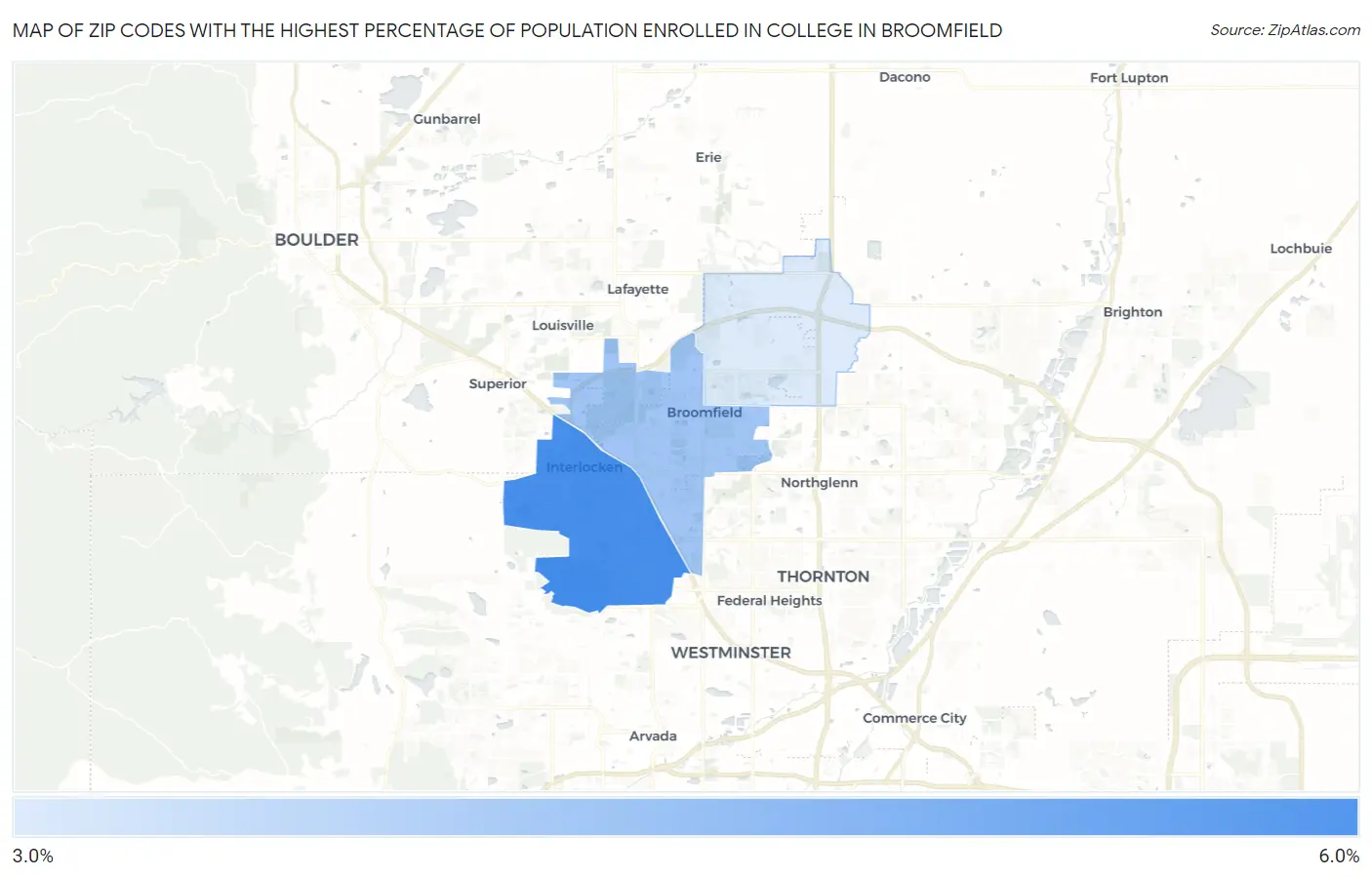Zip Codes with the Highest Percentage of Population Enrolled in College in Broomfield Map