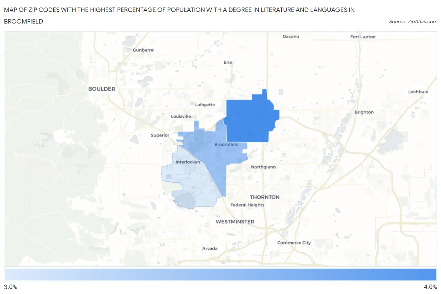 Zip Codes with the Highest Percentage of Population with a Degree in Literature and Languages in Broomfield Map