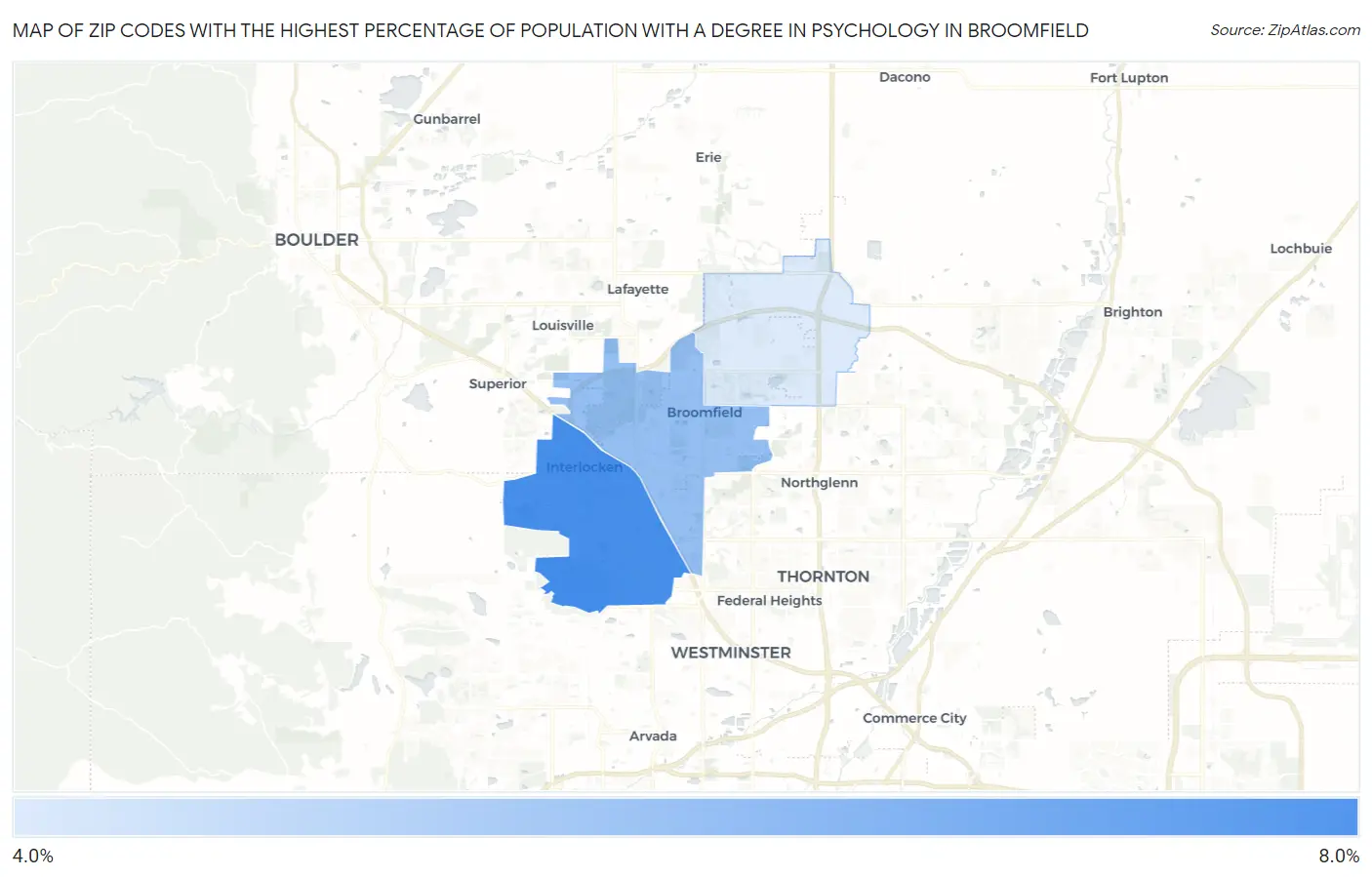 Zip Codes with the Highest Percentage of Population with a Degree in Psychology in Broomfield Map