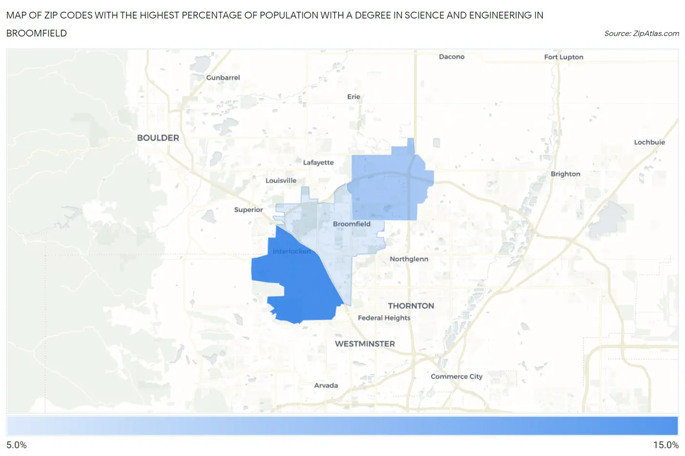 Zip Codes with the Highest Percentage of Population with a Degree in Science and Engineering in Broomfield Map