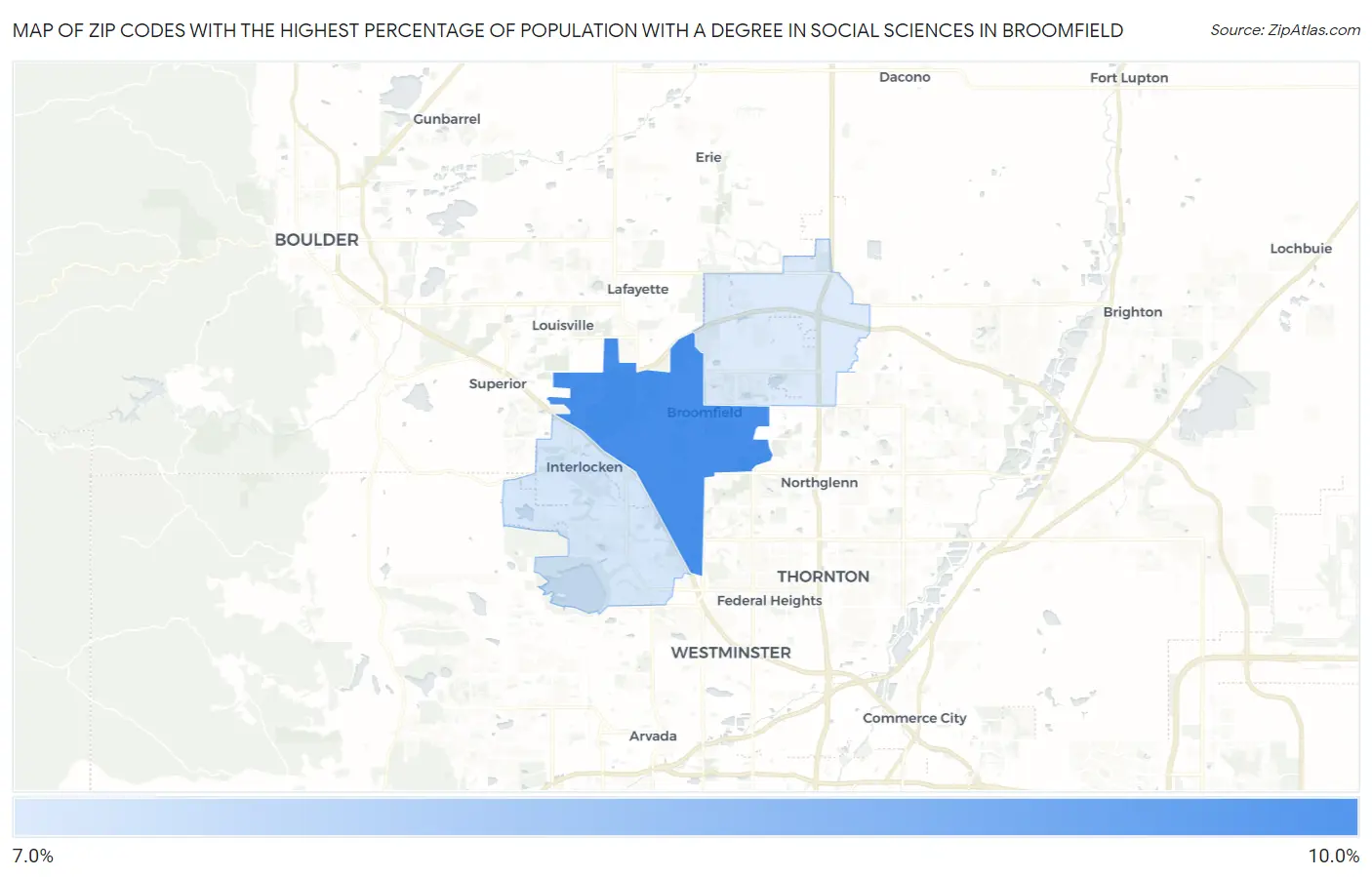 Zip Codes with the Highest Percentage of Population with a Degree in Social Sciences in Broomfield Map
