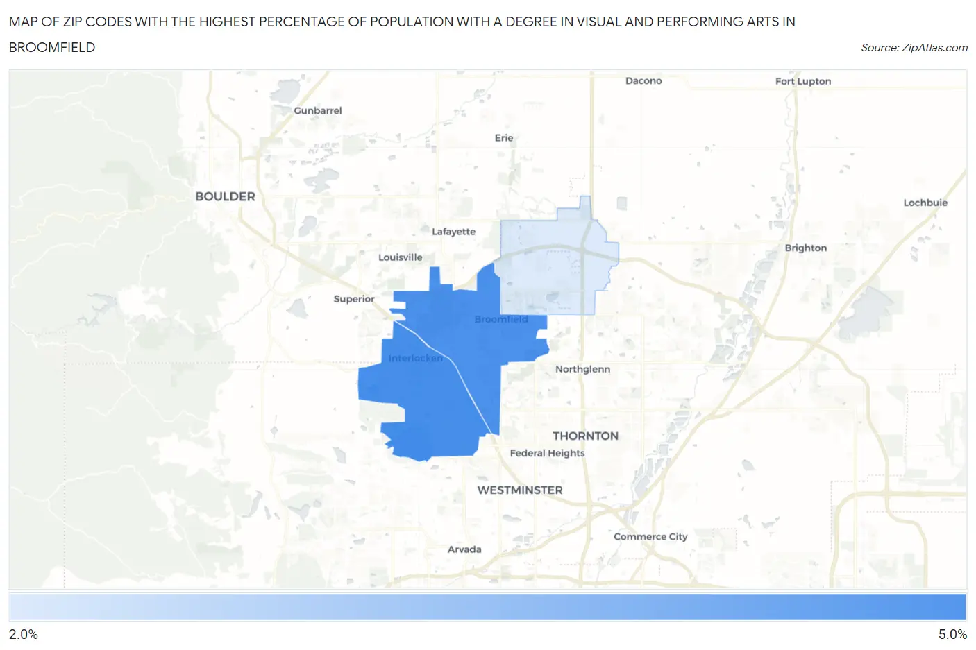 Zip Codes with the Highest Percentage of Population with a Degree in Visual and Performing Arts in Broomfield Map