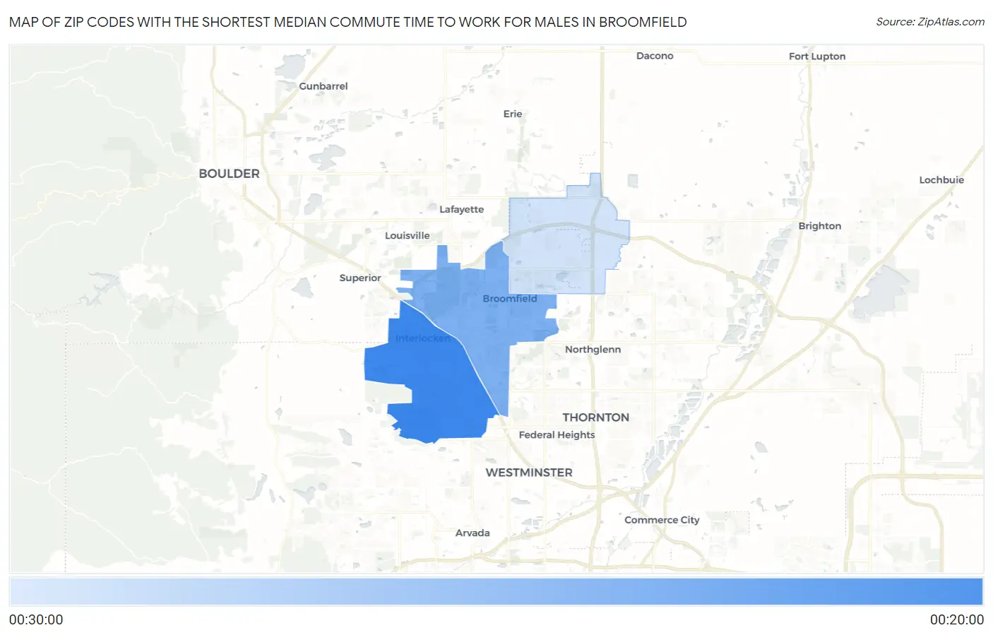 Zip Codes with the Shortest Median Commute Time to Work for Males in Broomfield Map