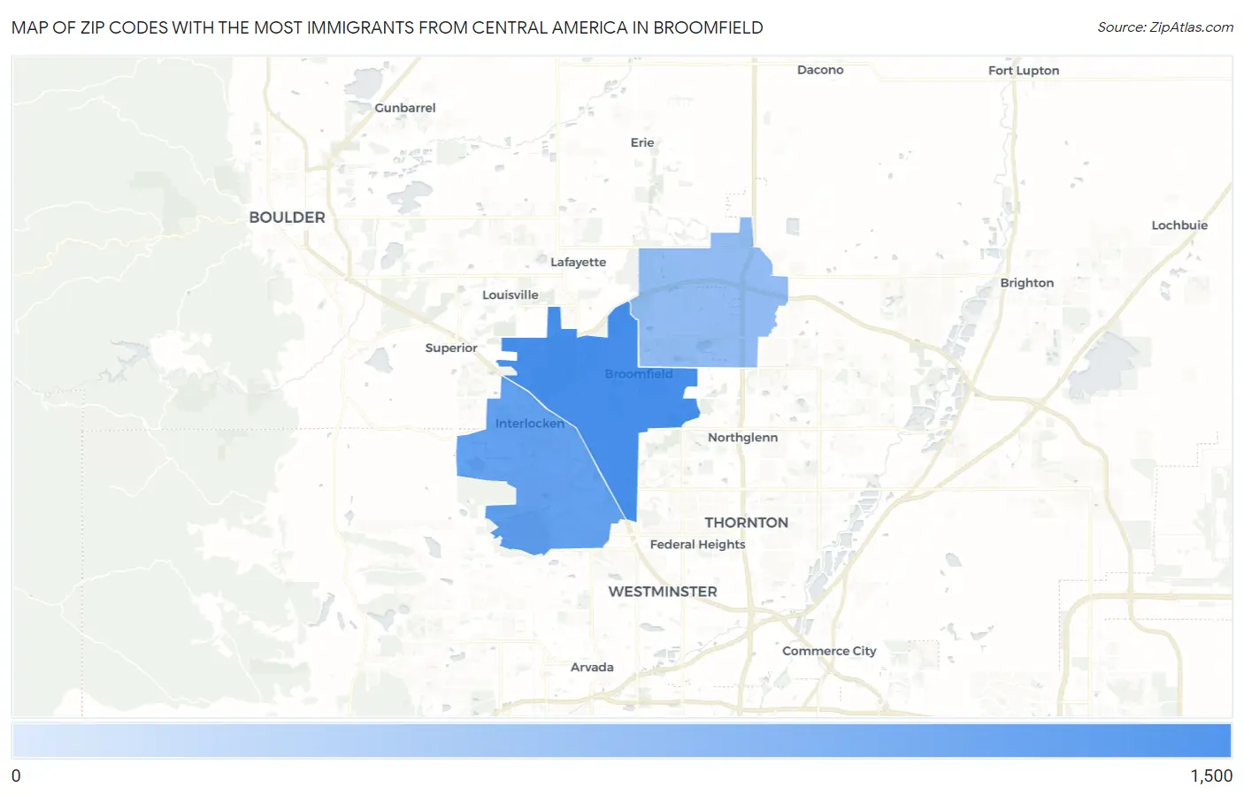 Zip Codes with the Most Immigrants from Central America in Broomfield Map
