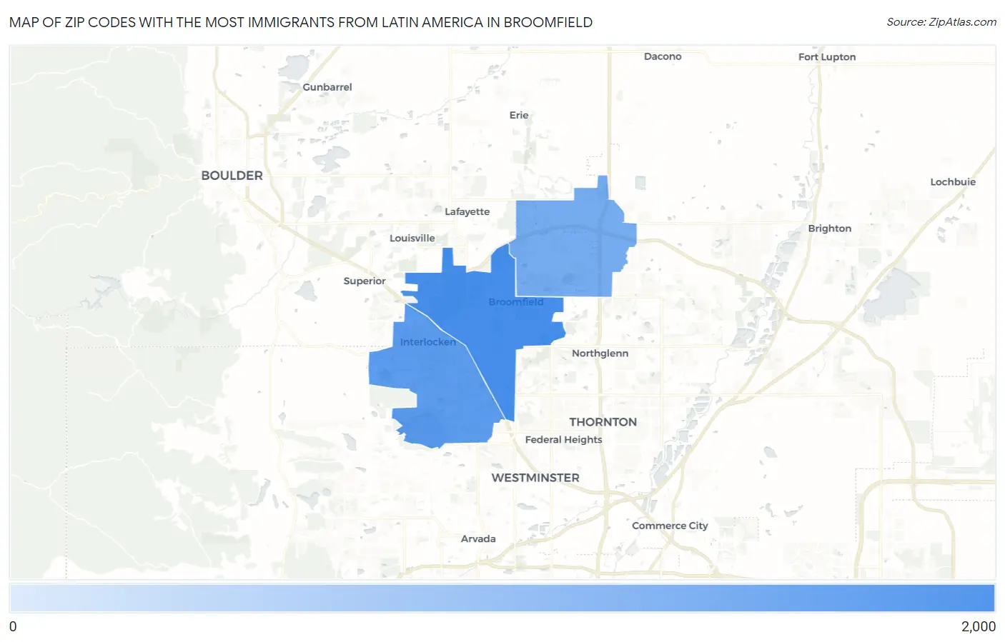 Zip Codes with the Most Immigrants from Latin America in Broomfield Map