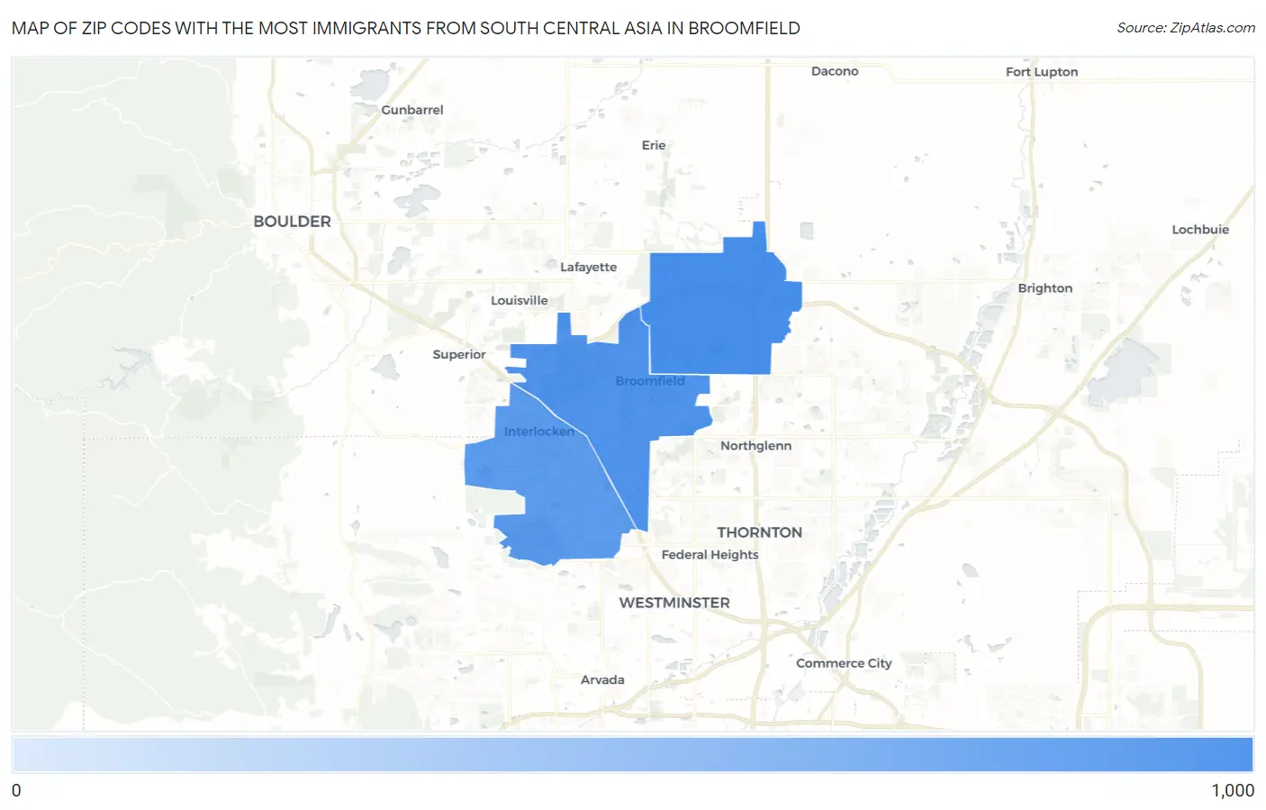 Zip Codes with the Most Immigrants from South Central Asia in Broomfield Map