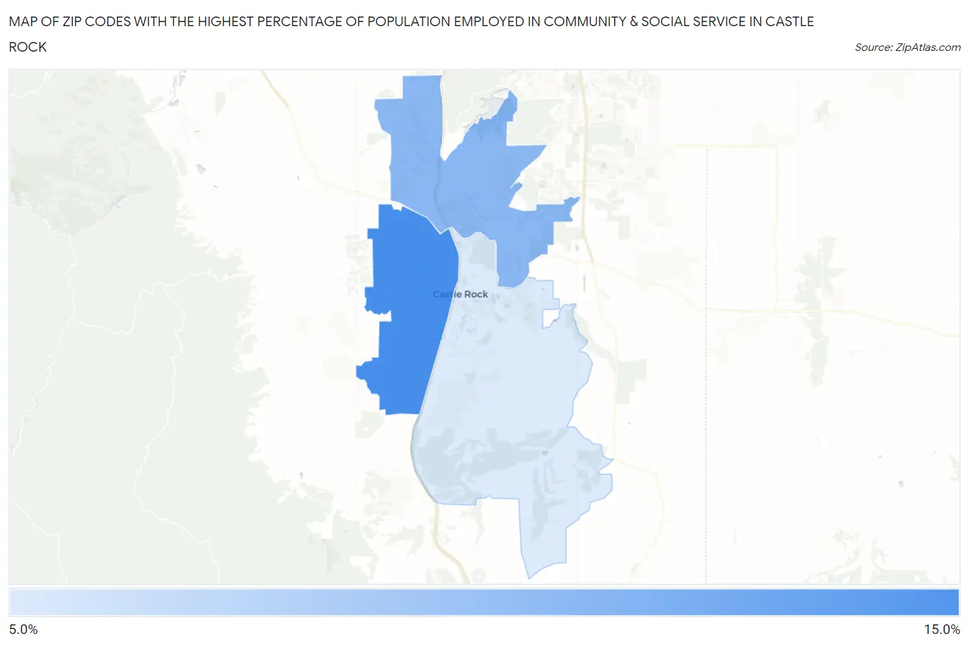 Zip Codes with the Highest Percentage of Population Employed in Community & Social Service  in Castle Rock Map