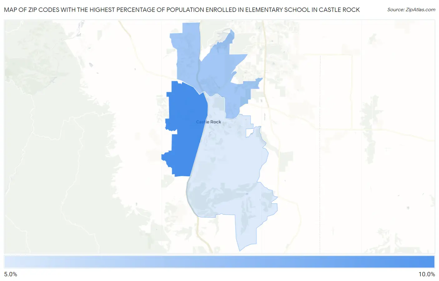 Zip Codes with the Highest Percentage of Population Enrolled in Elementary School in Castle Rock Map