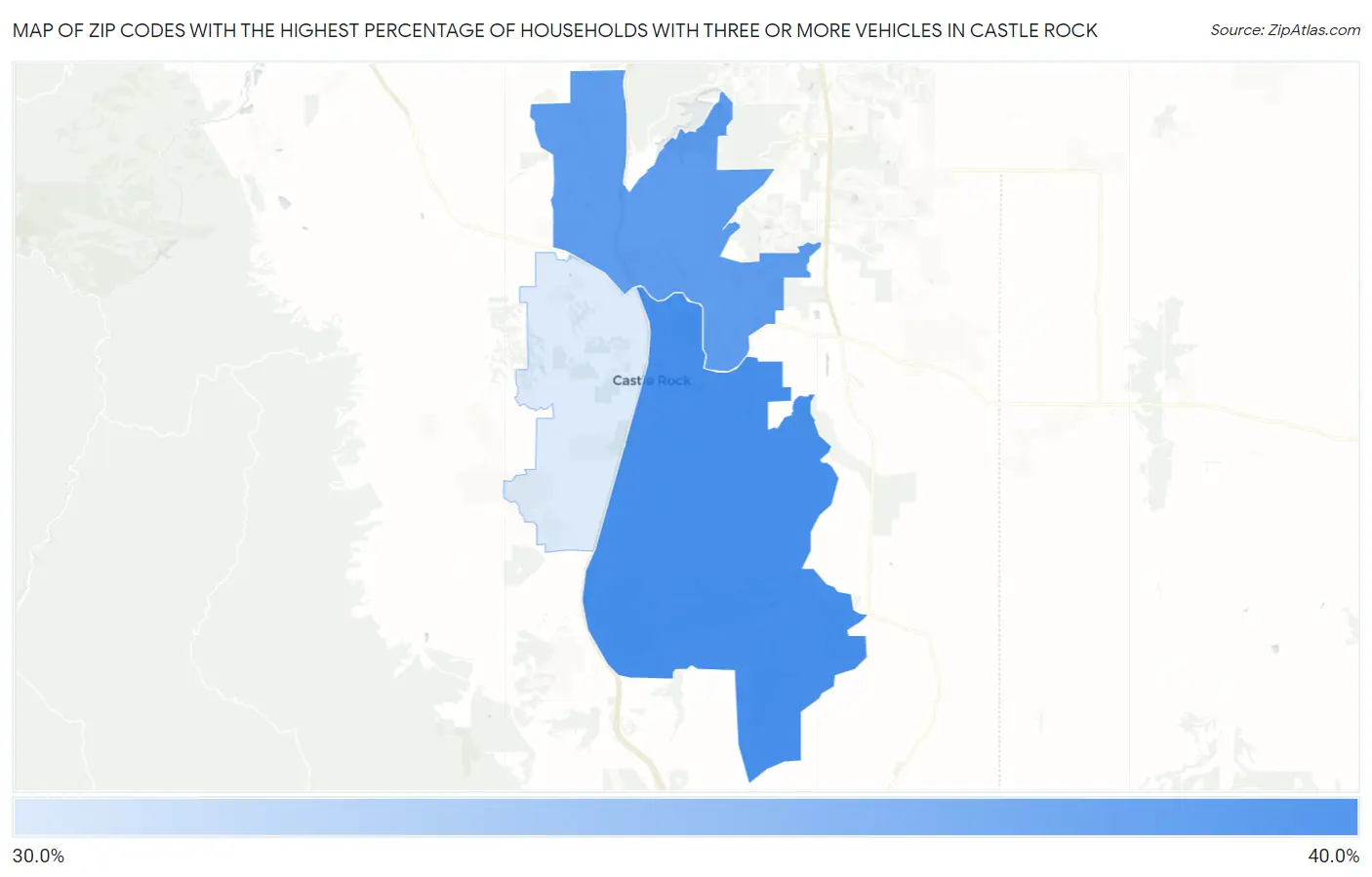 Zip Codes with the Highest Percentage of Households With Three or more Vehicles in Castle Rock Map