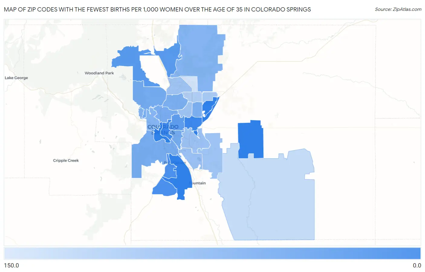 Zip Codes with the Fewest Births per 1,000 Women Over the Age of 35 in Colorado Springs Map