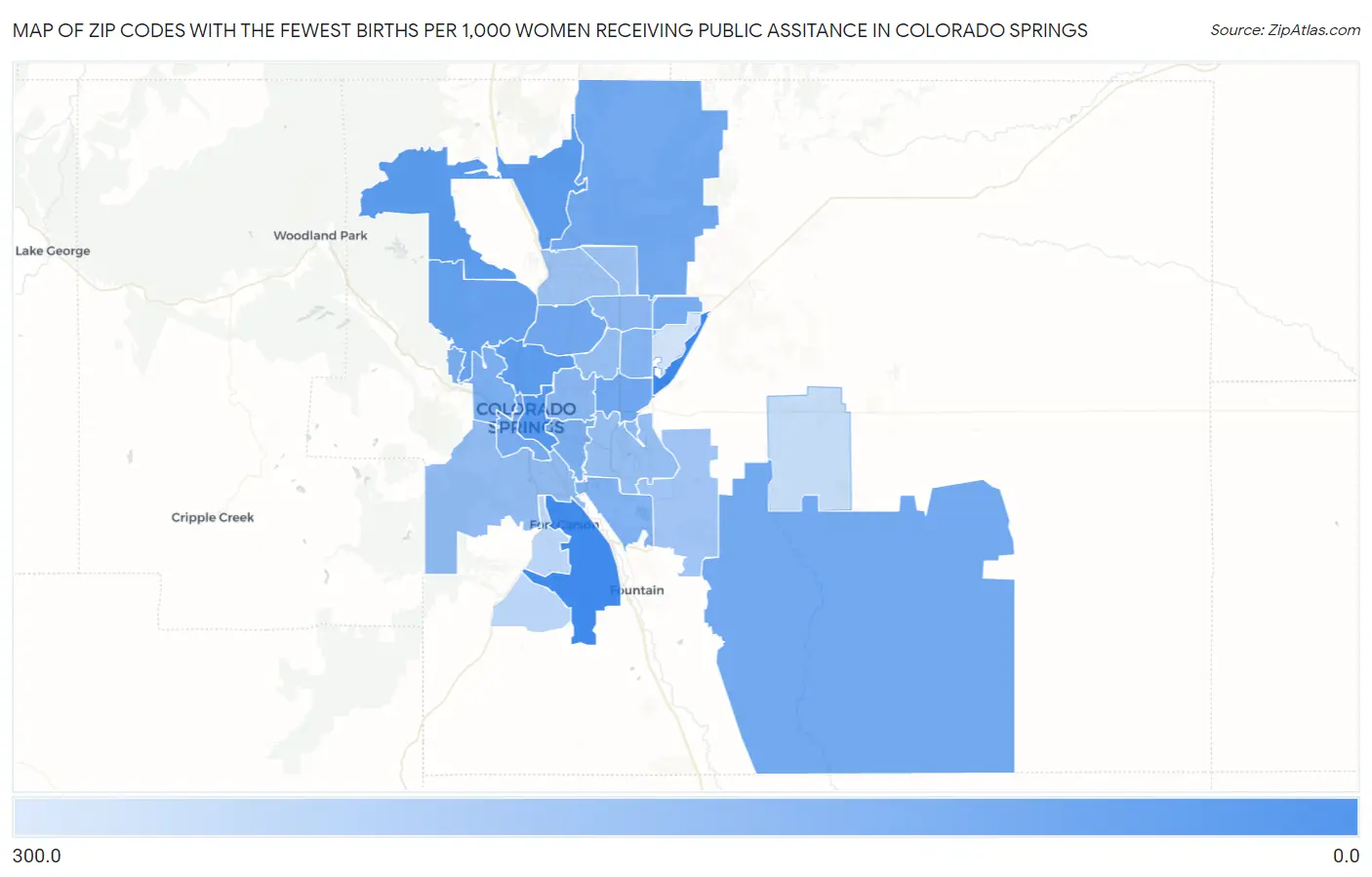 Zip Codes with the Fewest Births per 1,000 Women Receiving Public Assitance in Colorado Springs Map