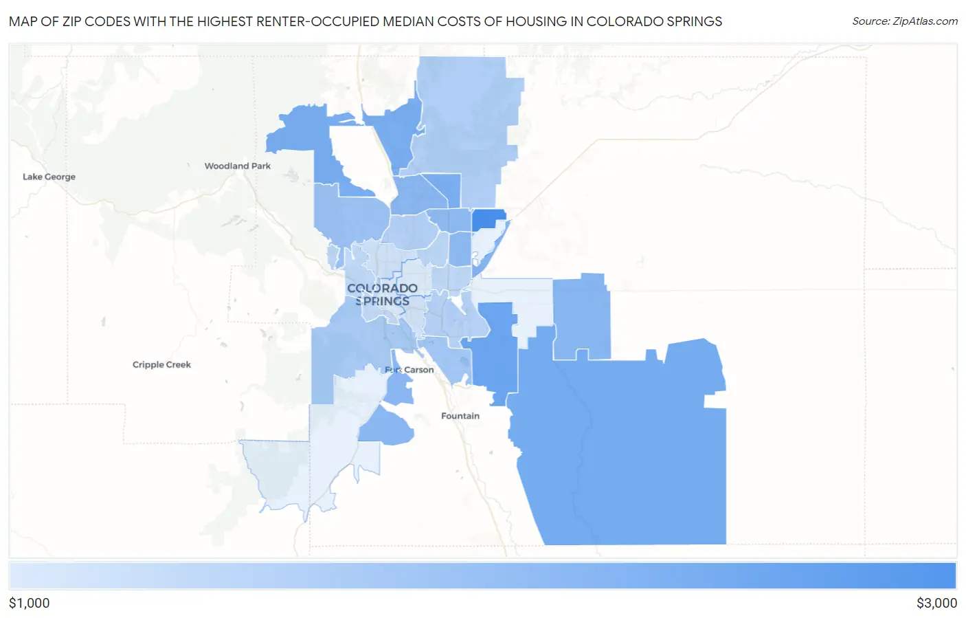 Zip Codes with the Highest Renter-Occupied Median Costs of Housing in Colorado Springs Map