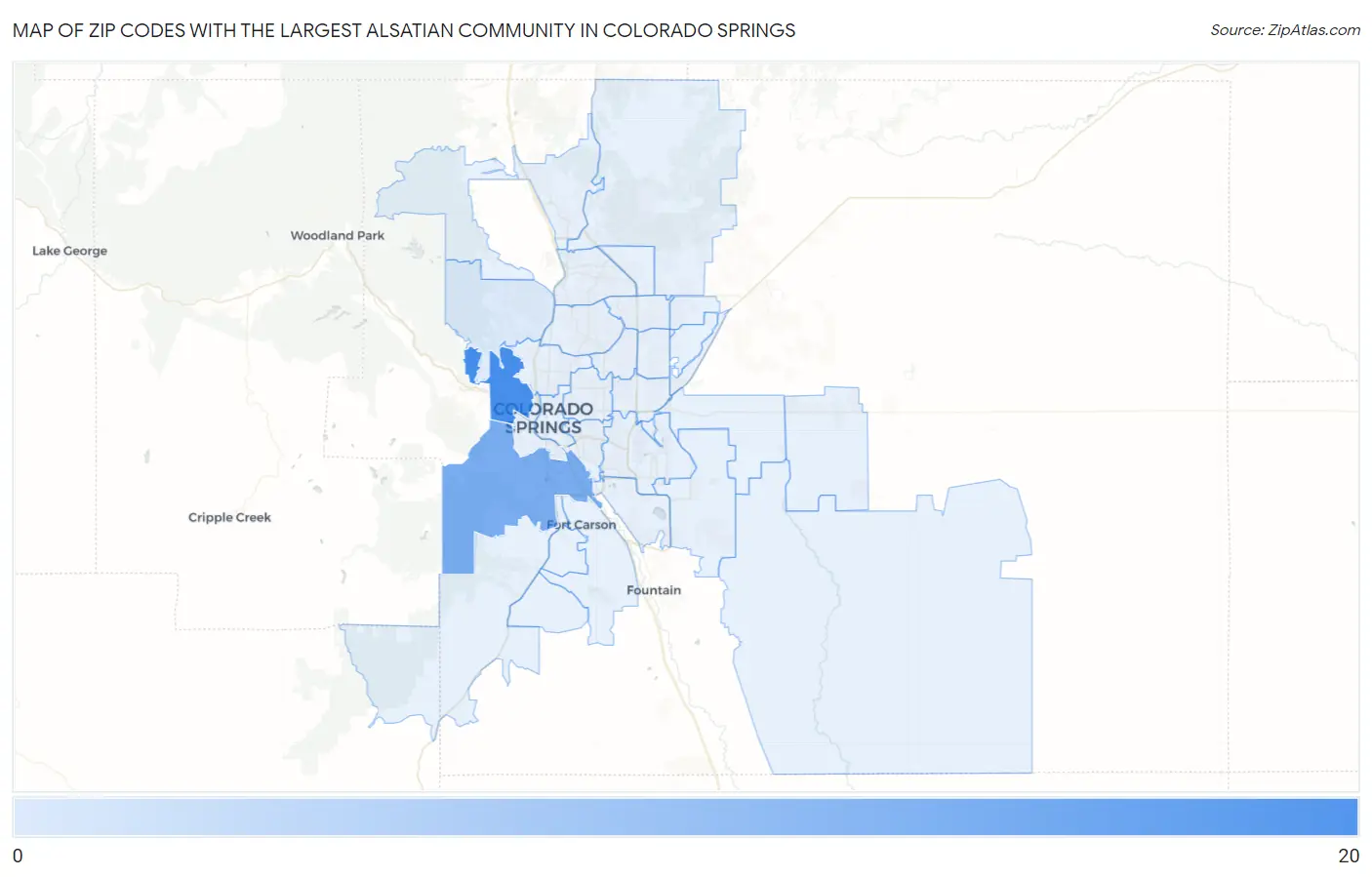 Zip Codes with the Largest Alsatian Community in Colorado Springs Map