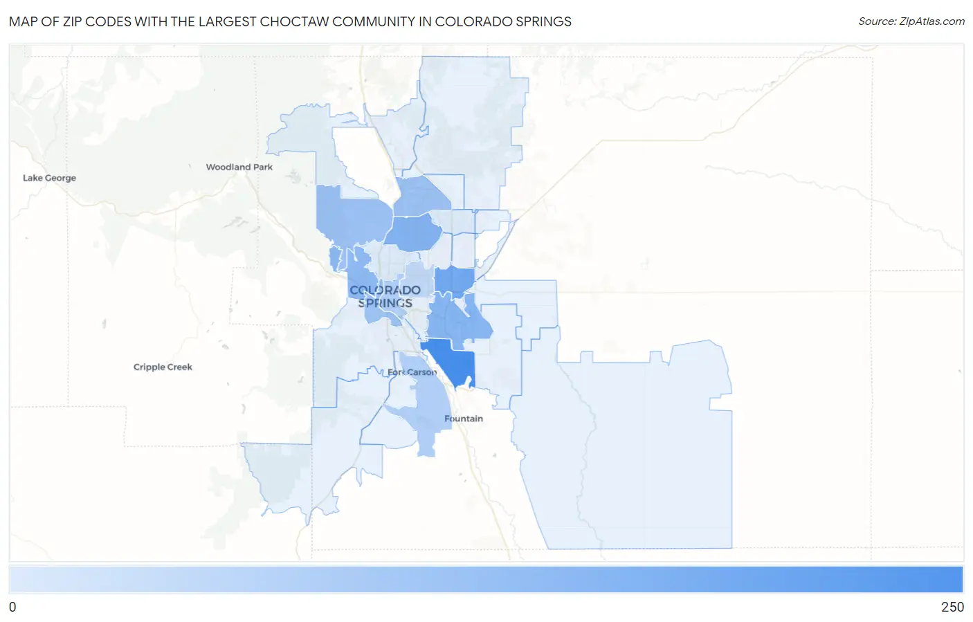 Zip Codes with the Largest Choctaw Community in Colorado Springs Map