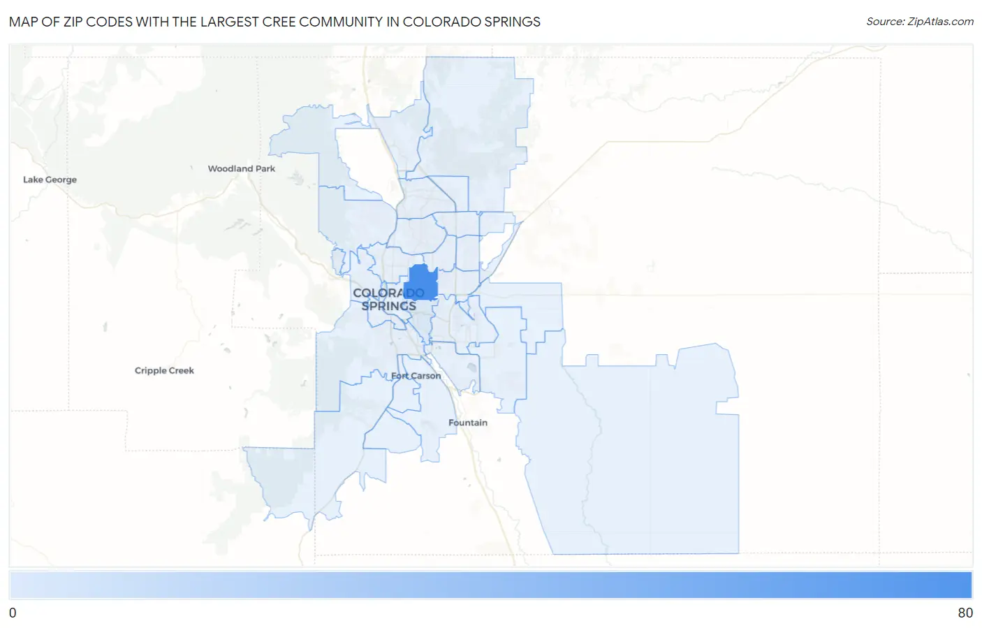 Zip Codes with the Largest Cree Community in Colorado Springs Map