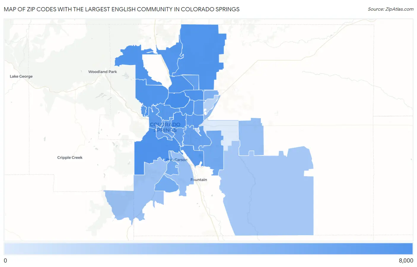 Zip Codes with the Largest English Community in Colorado Springs Map