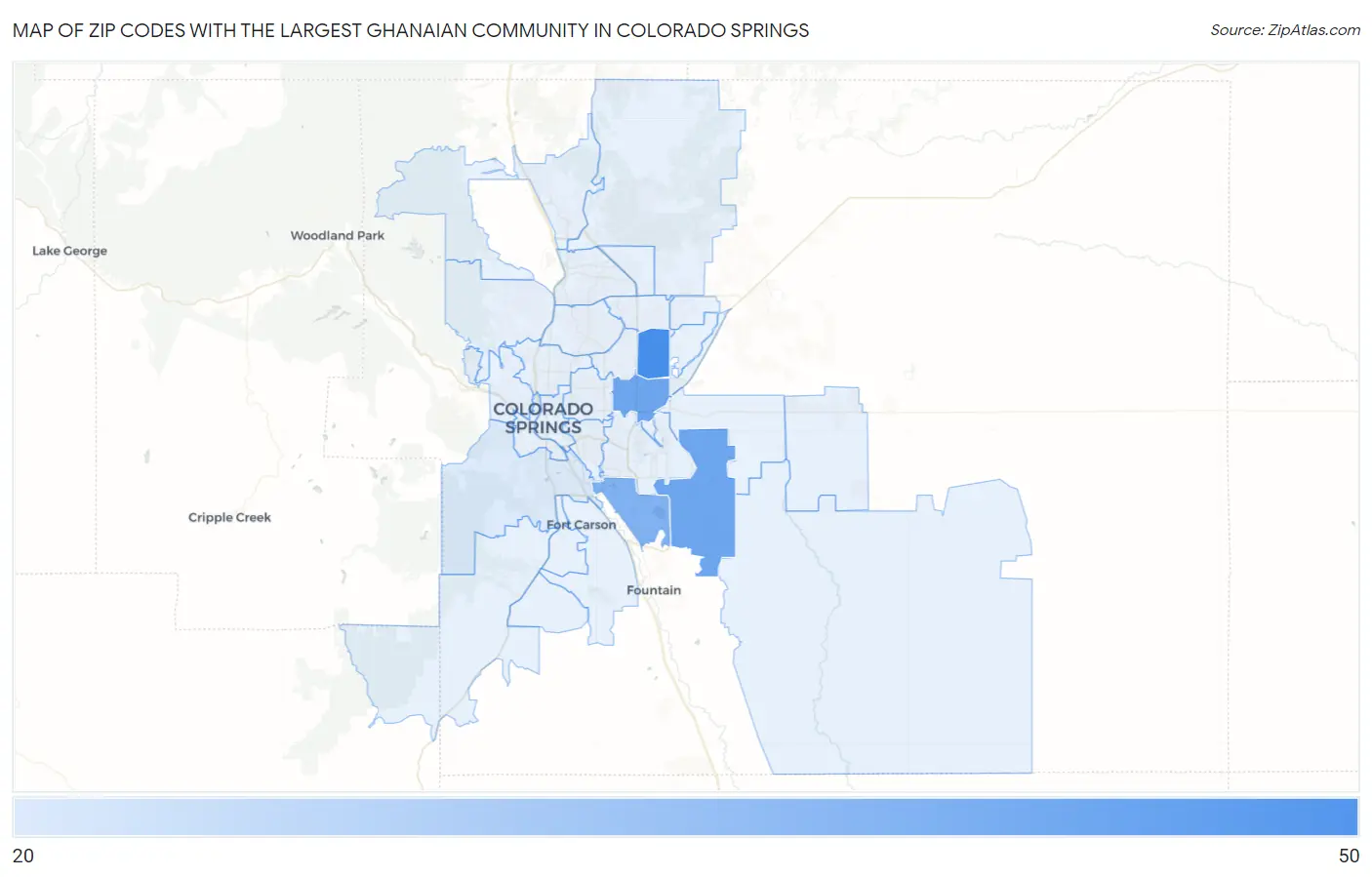 Zip Codes with the Largest Ghanaian Community in Colorado Springs Map