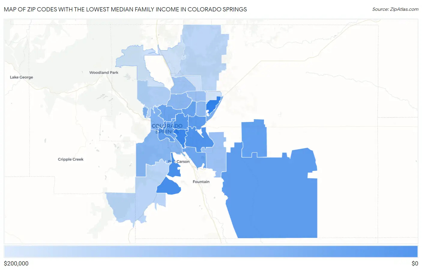 Zip Codes with the Lowest Median Family Income in Colorado Springs Map