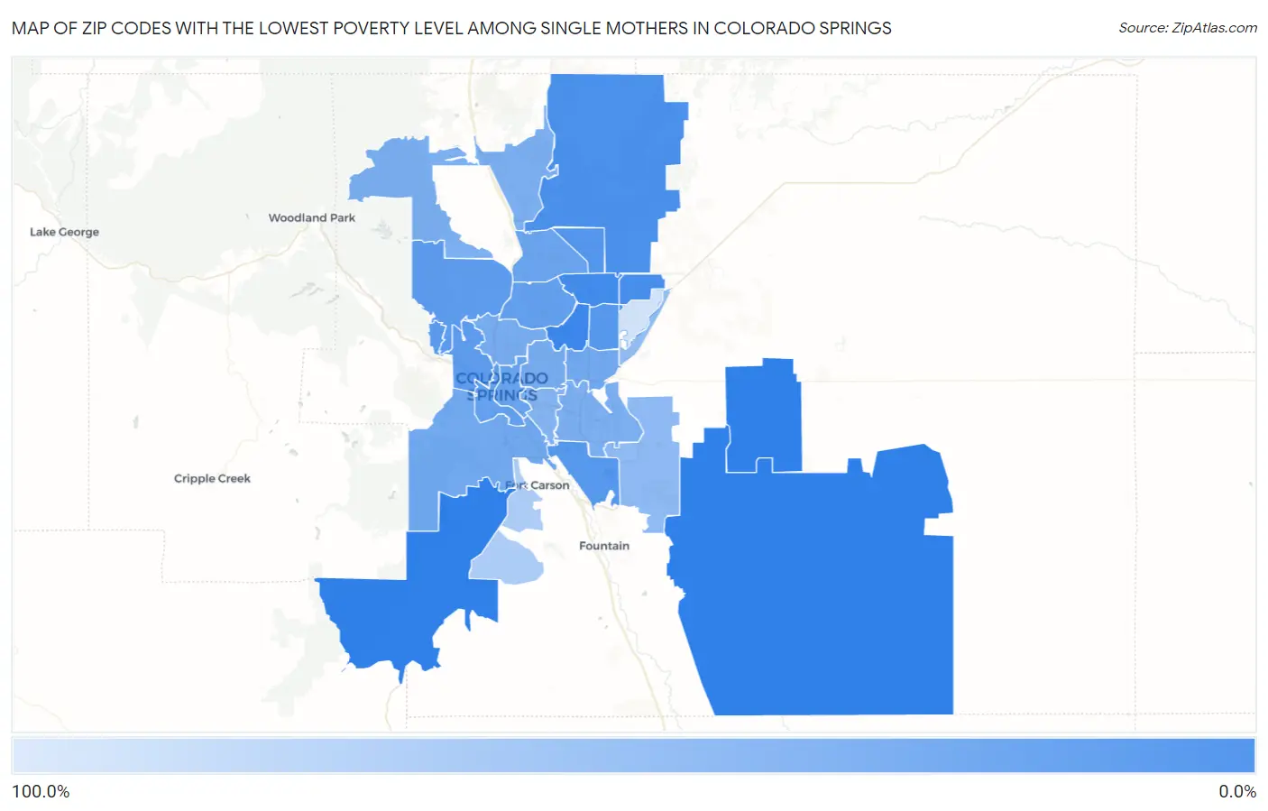 Zip Codes with the Lowest Poverty Level Among Single Mothers in Colorado Springs Map