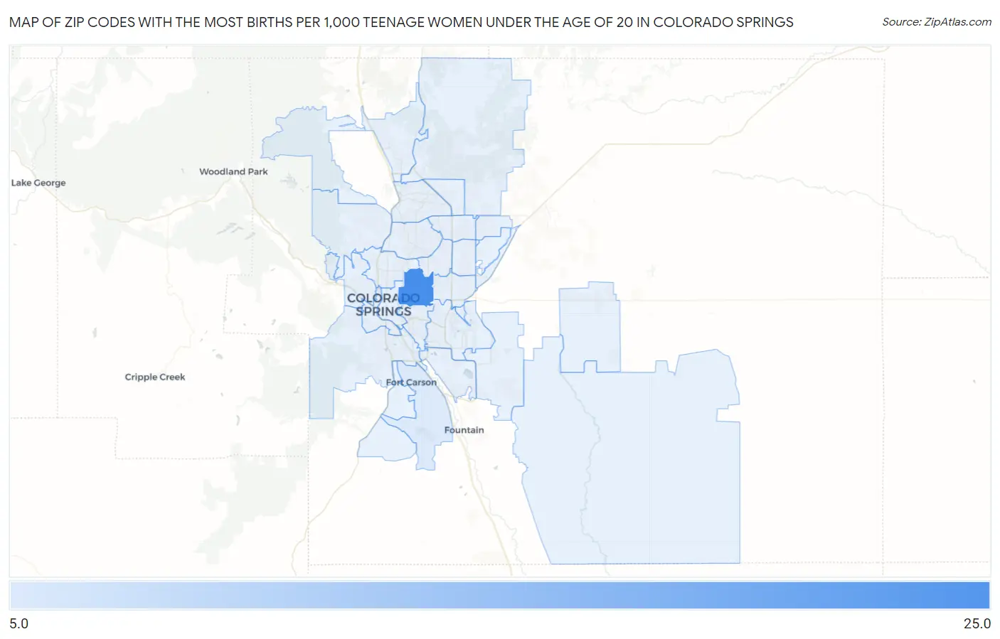 Zip Codes with the Most Births per 1,000 Teenage Women Under the Age of 20 in Colorado Springs Map