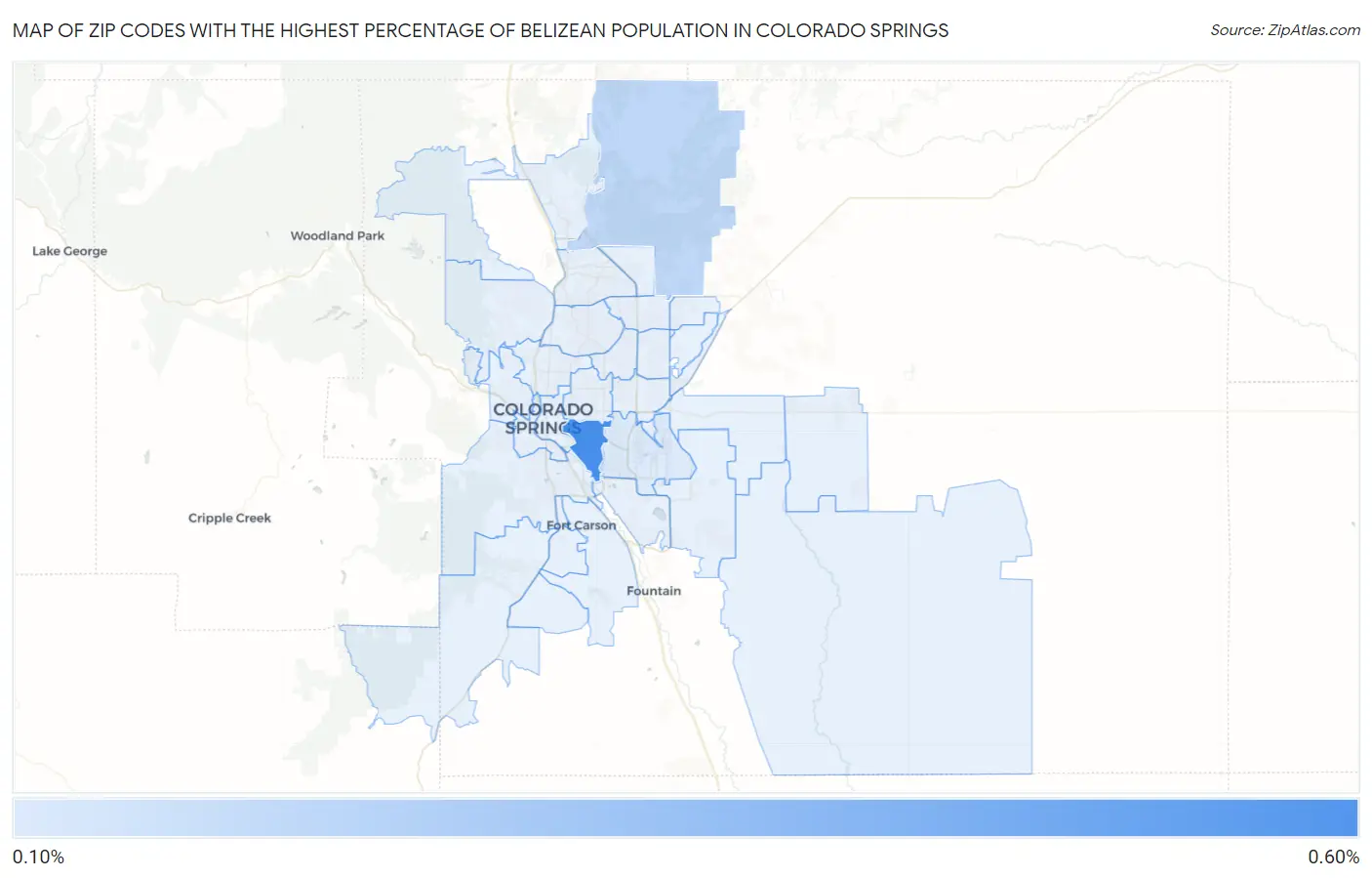 Zip Codes with the Highest Percentage of Belizean Population in Colorado Springs Map