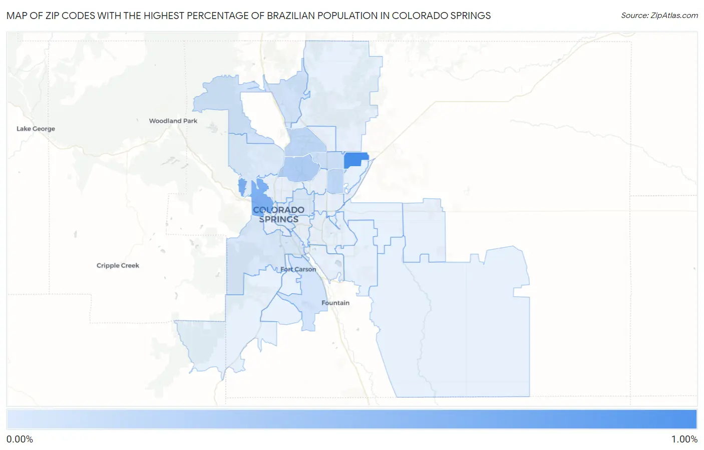 Zip Codes with the Highest Percentage of Brazilian Population in Colorado Springs Map