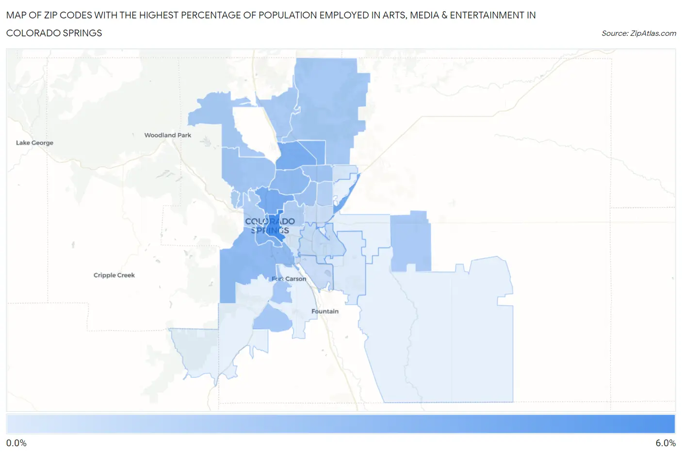 Zip Codes with the Highest Percentage of Population Employed in Arts, Media & Entertainment in Colorado Springs Map