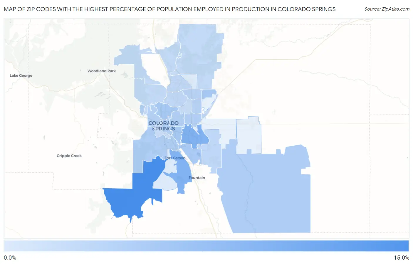 Zip Codes with the Highest Percentage of Population Employed in Production in Colorado Springs Map