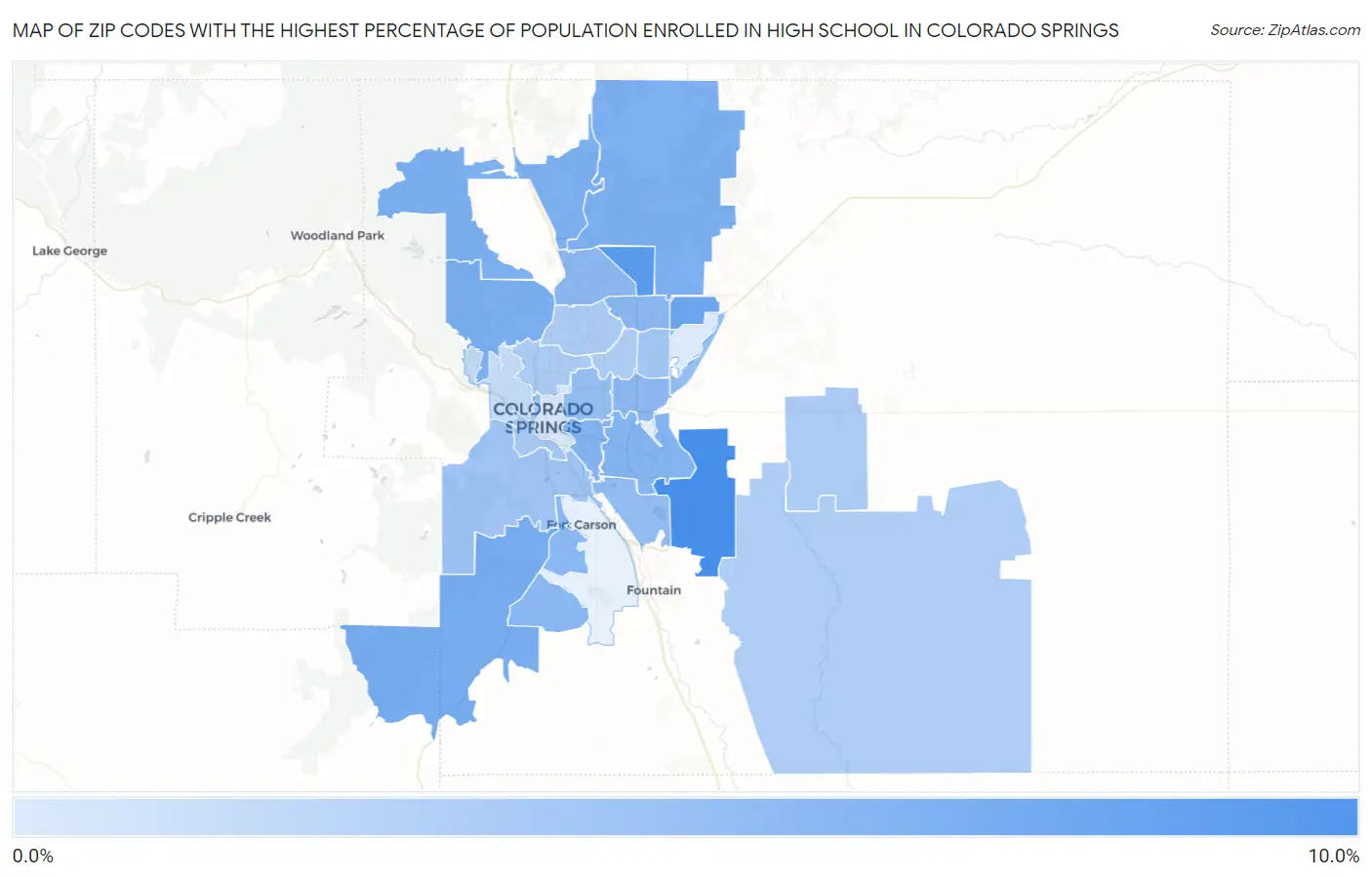 Zip Codes with the Highest Percentage of Population Enrolled in High School in Colorado Springs Map