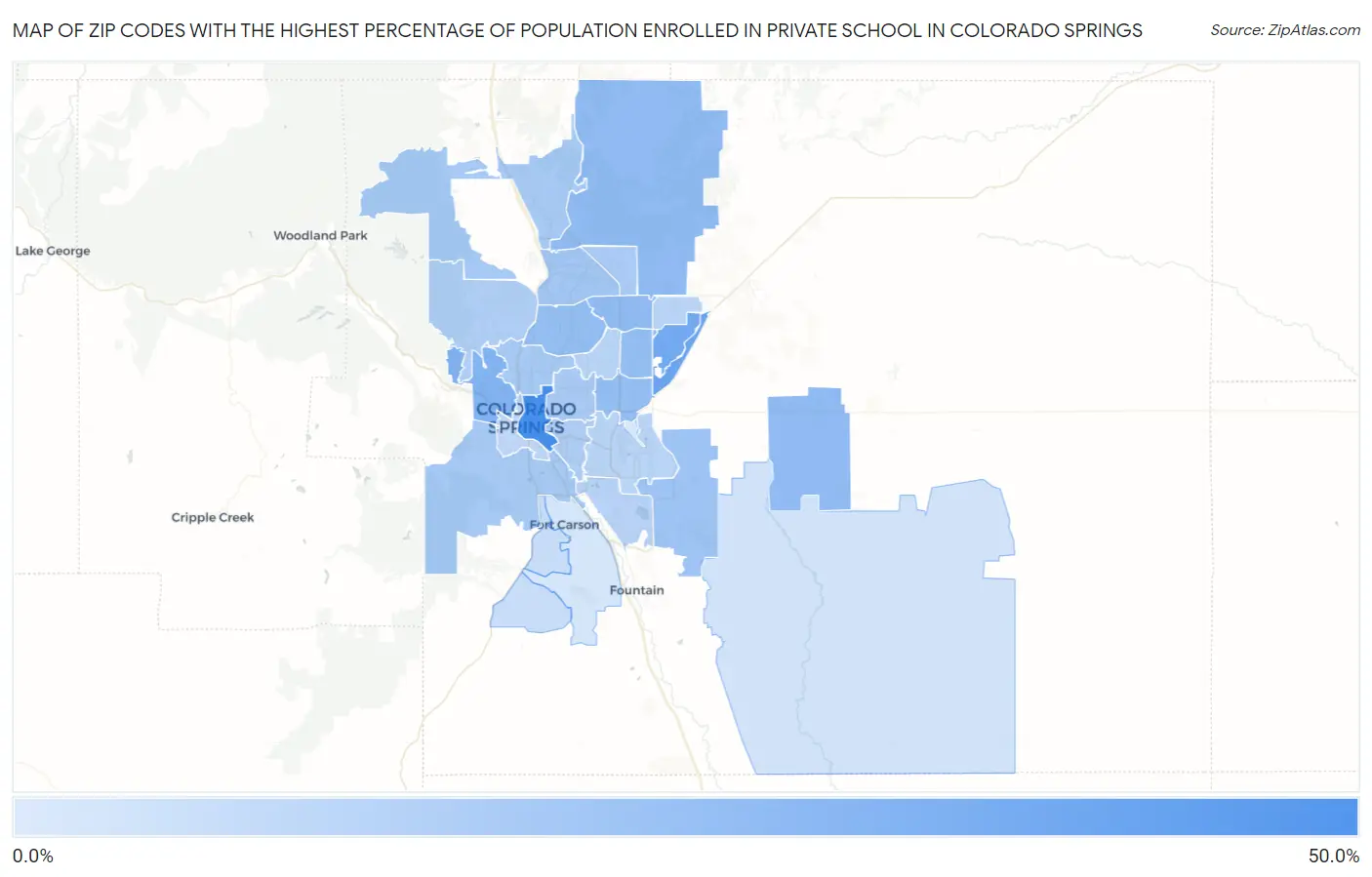 Zip Codes with the Highest Percentage of Population Enrolled in Private School in Colorado Springs Map