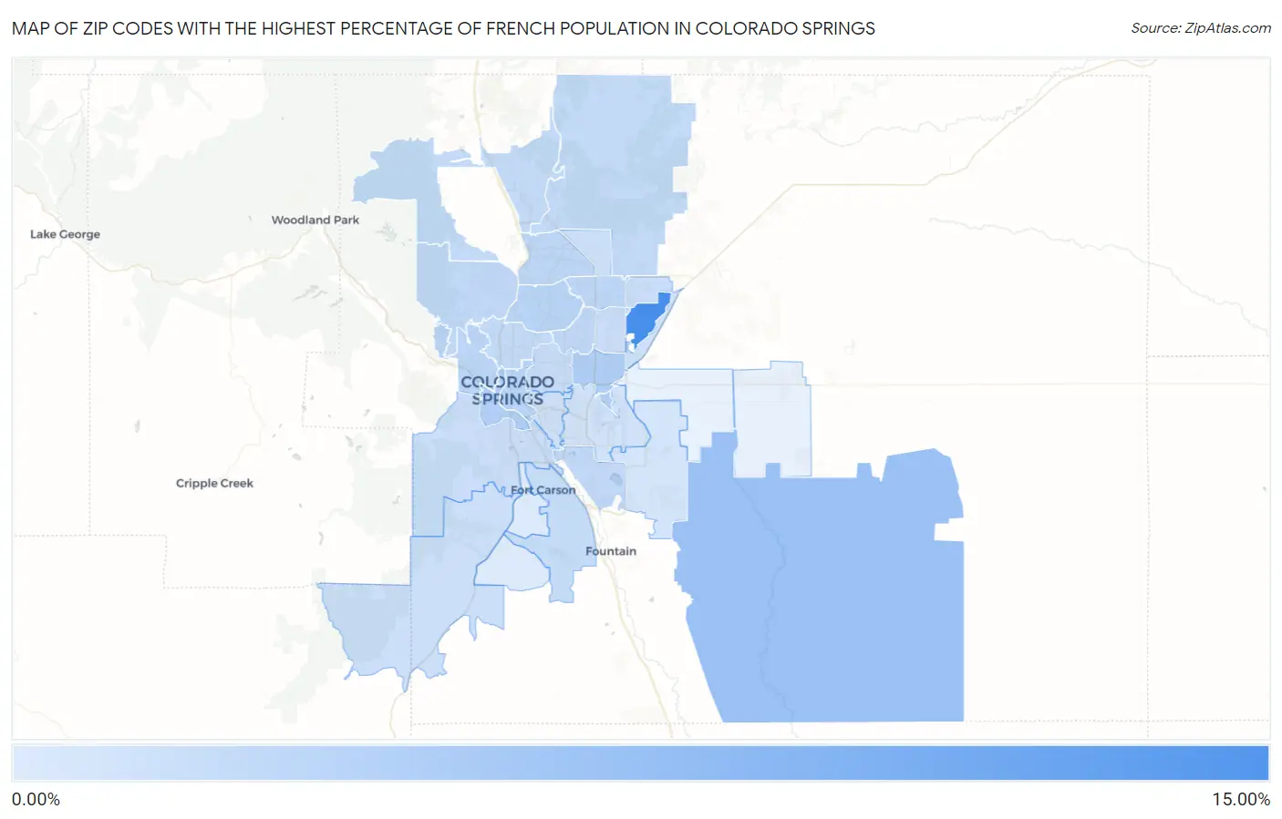 Zip Codes with the Highest Percentage of French Population in Colorado Springs Map