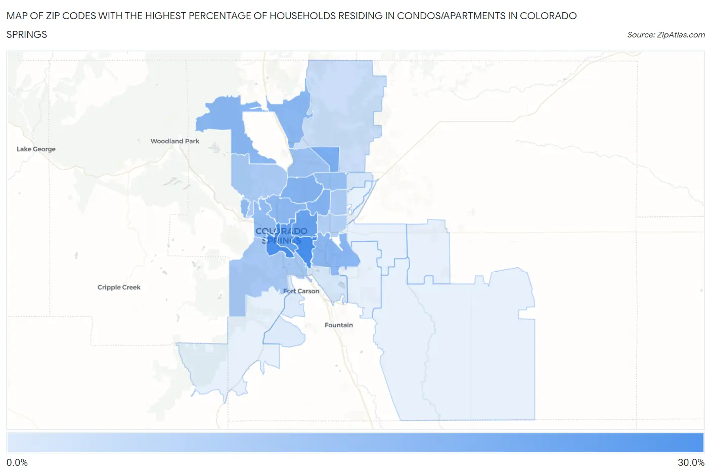 Zip Codes with the Highest Percentage of Households Residing in Condos/Apartments in Colorado Springs Map