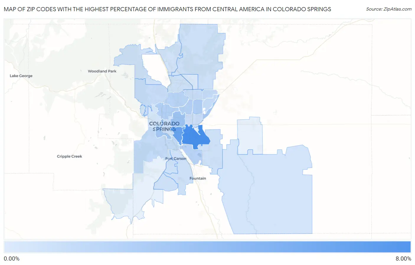 Zip Codes with the Highest Percentage of Immigrants from Central America in Colorado Springs Map