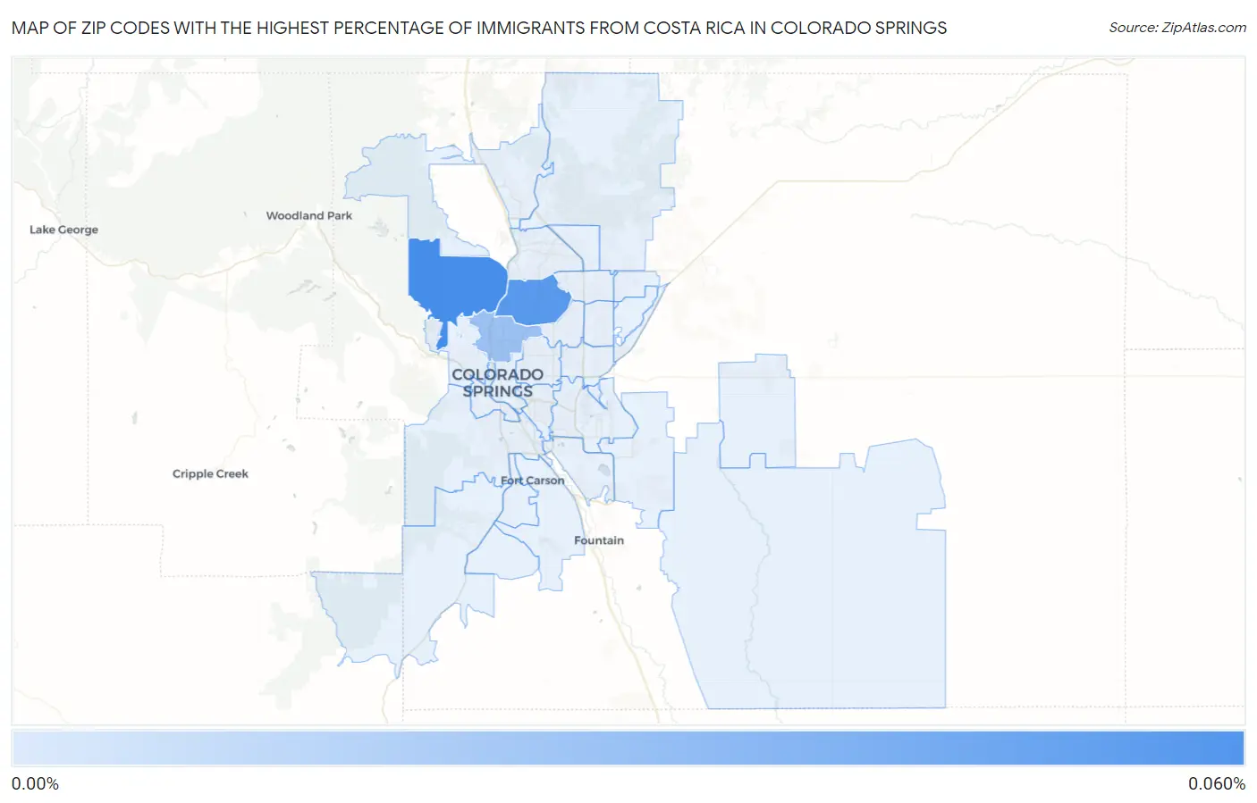 Zip Codes with the Highest Percentage of Immigrants from Costa Rica in Colorado Springs Map