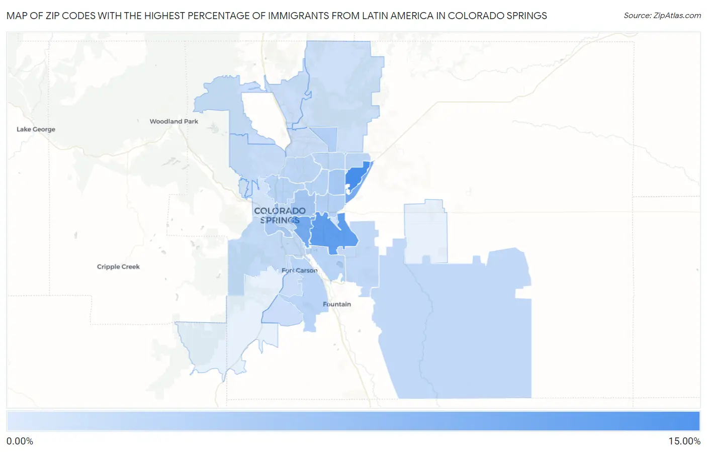 Zip Codes with the Highest Percentage of Immigrants from Latin America in Colorado Springs Map