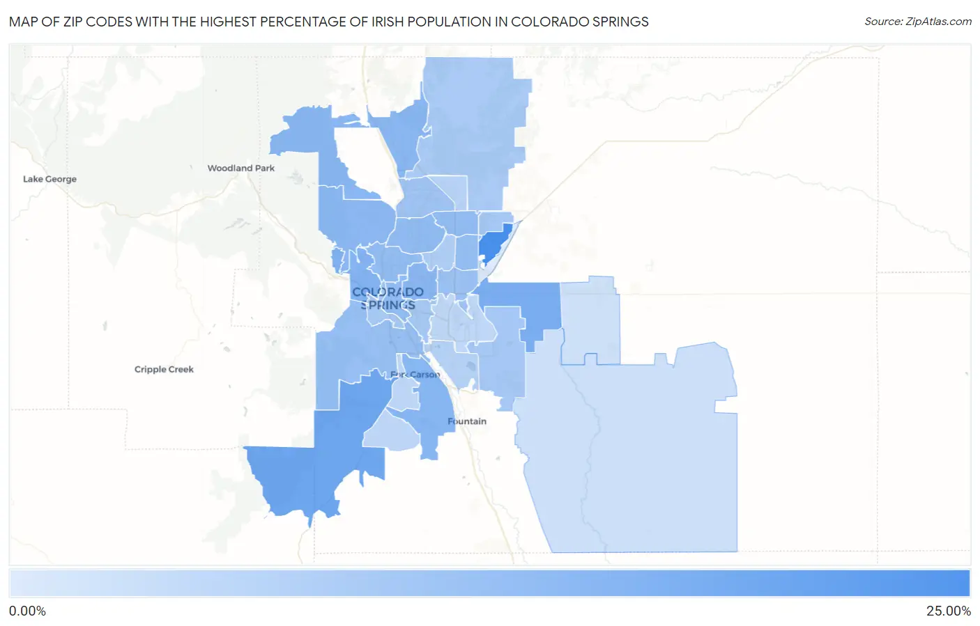 Zip Codes with the Highest Percentage of Irish Population in Colorado Springs Map