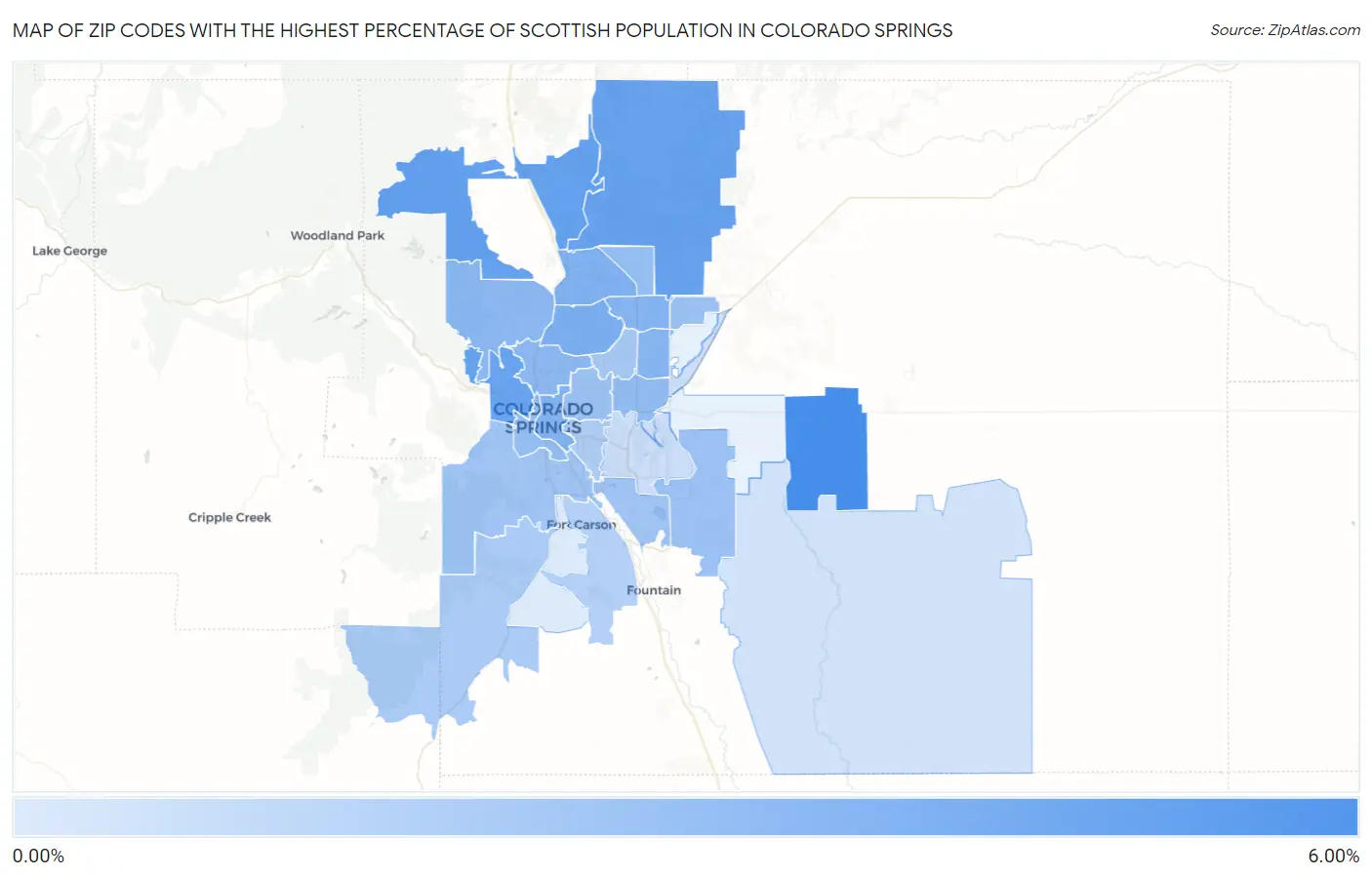 Zip Codes with the Highest Percentage of Scottish Population in Colorado Springs Map