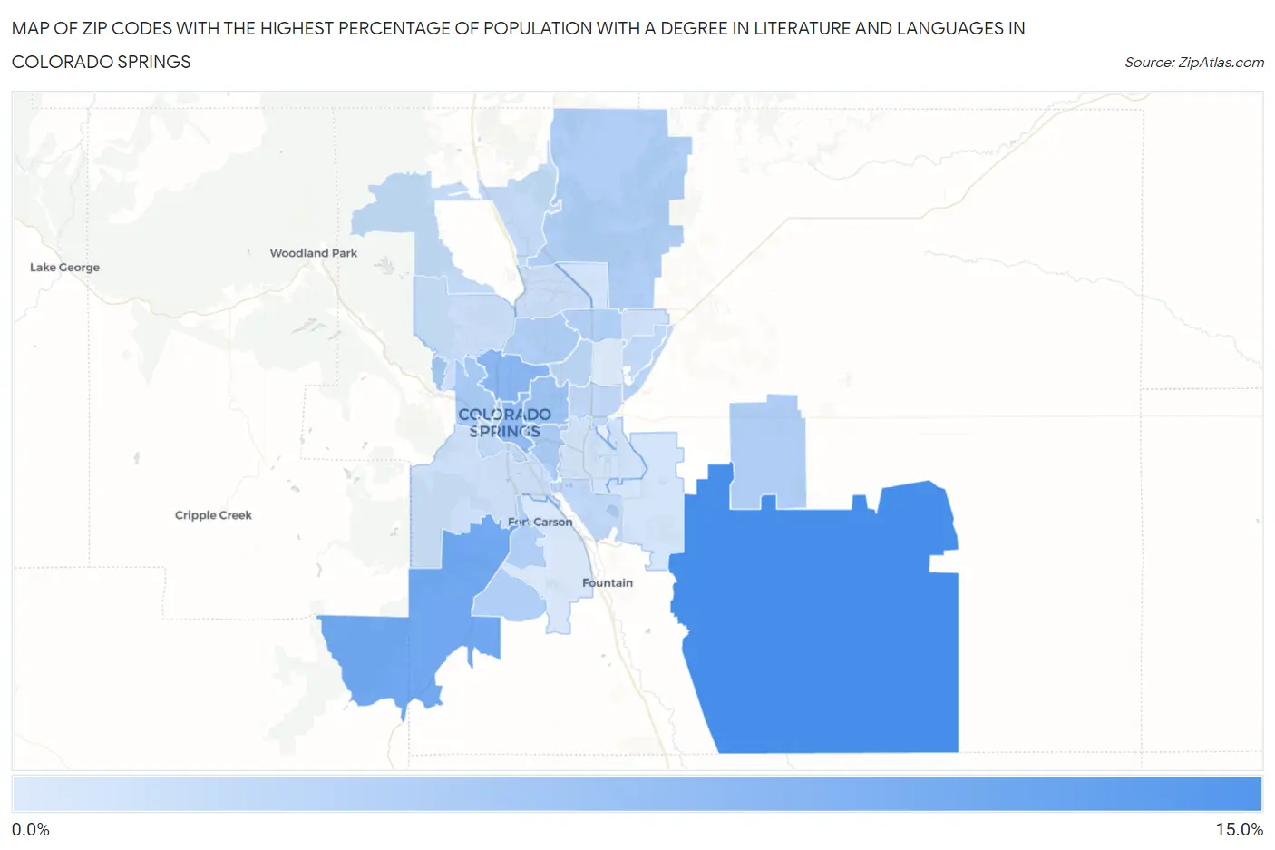 Zip Codes with the Highest Percentage of Population with a Degree in Literature and Languages in Colorado Springs Map