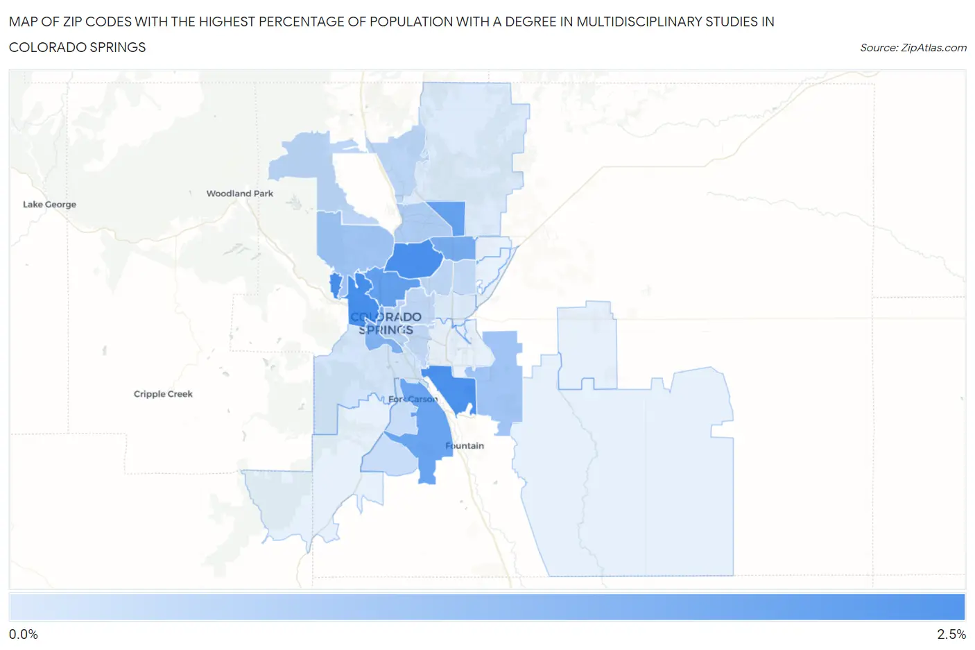 Zip Codes with the Highest Percentage of Population with a Degree in Multidisciplinary Studies in Colorado Springs Map