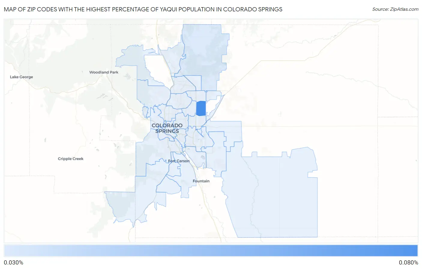 Zip Codes with the Highest Percentage of Yaqui Population in Colorado Springs Map