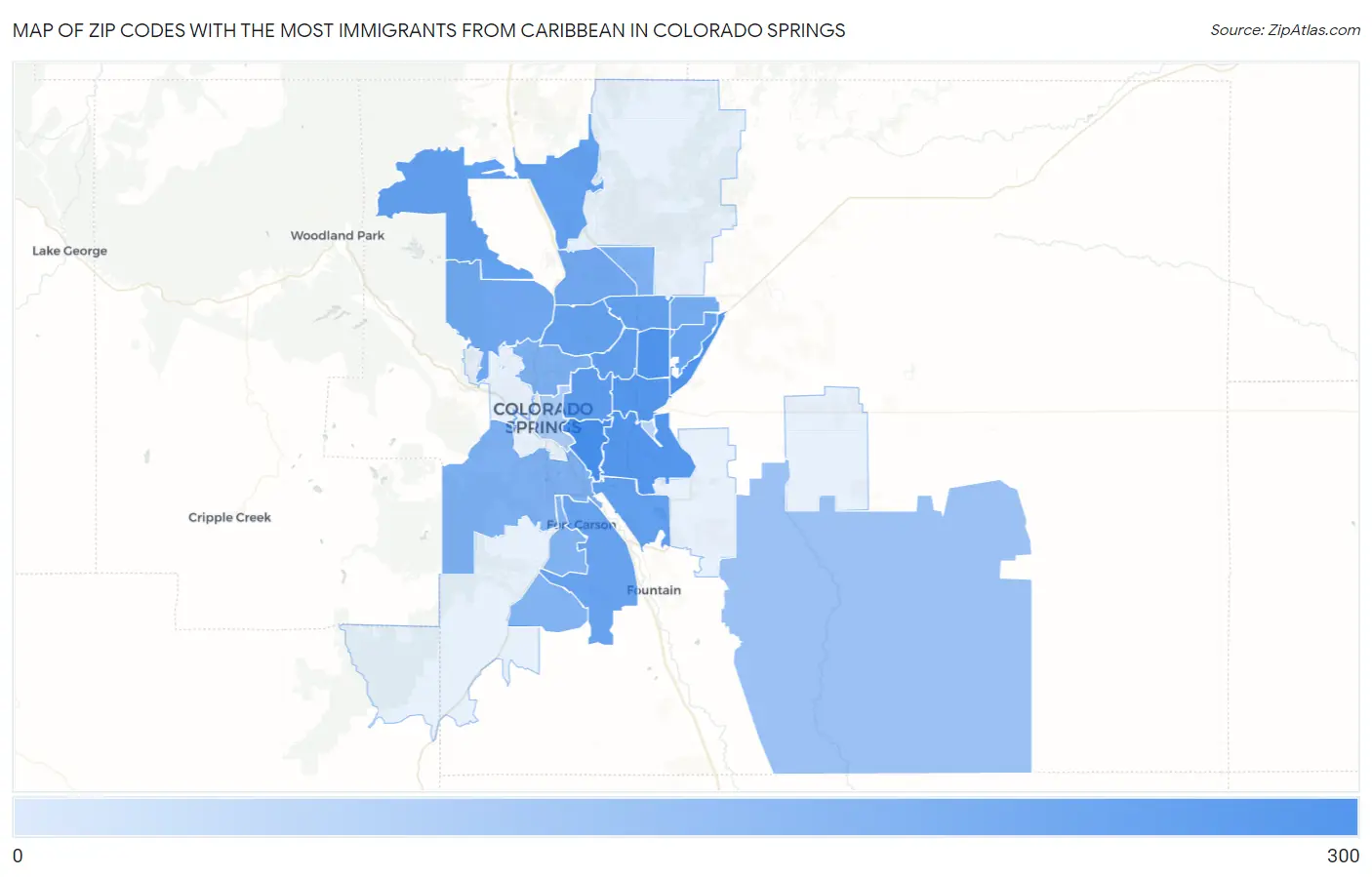 Zip Codes with the Most Immigrants from Caribbean in Colorado Springs Map