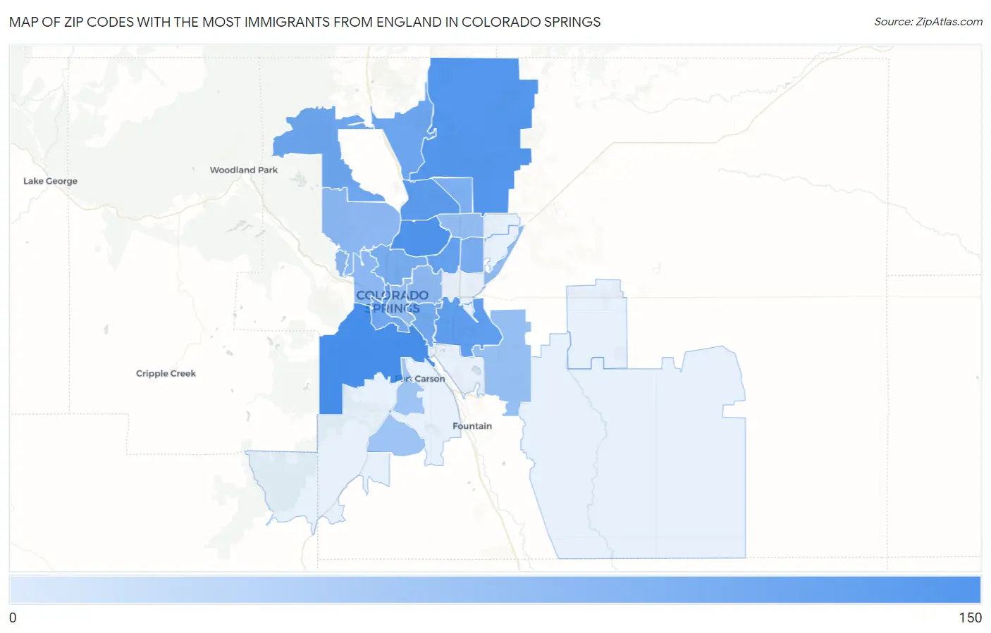 Zip Codes with the Most Immigrants from England in Colorado Springs Map