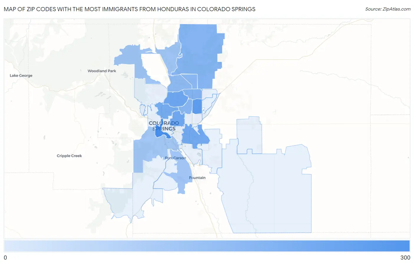 Zip Codes with the Most Immigrants from Honduras in Colorado Springs Map