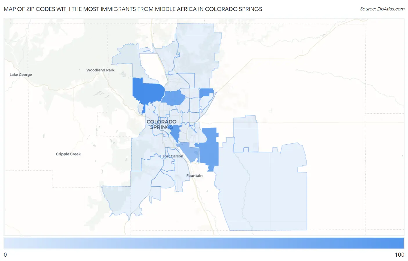 Zip Codes with the Most Immigrants from Middle Africa in Colorado Springs Map