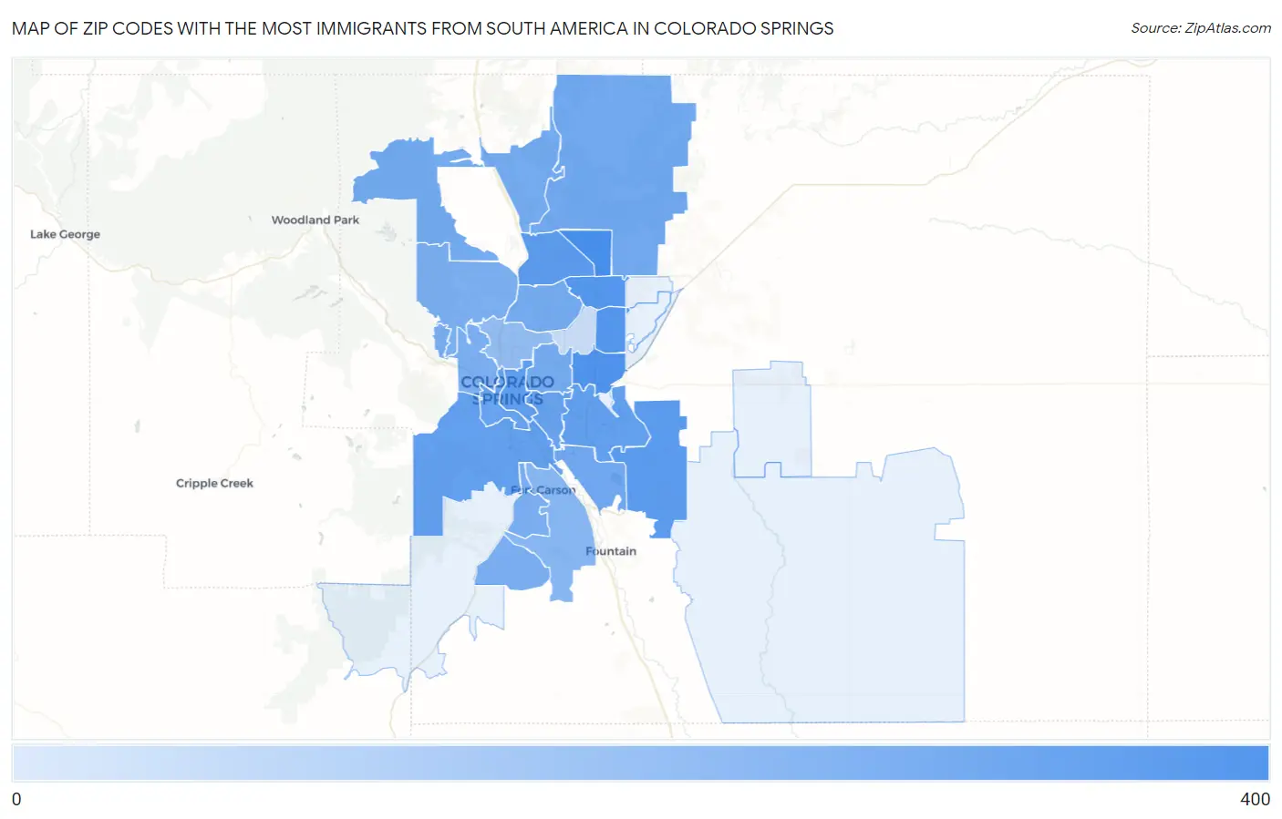 Zip Codes with the Most Immigrants from South America in Colorado Springs Map