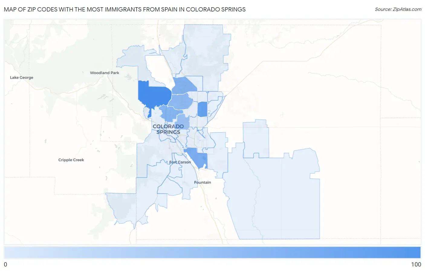 Zip Codes with the Most Immigrants from Spain in Colorado Springs Map