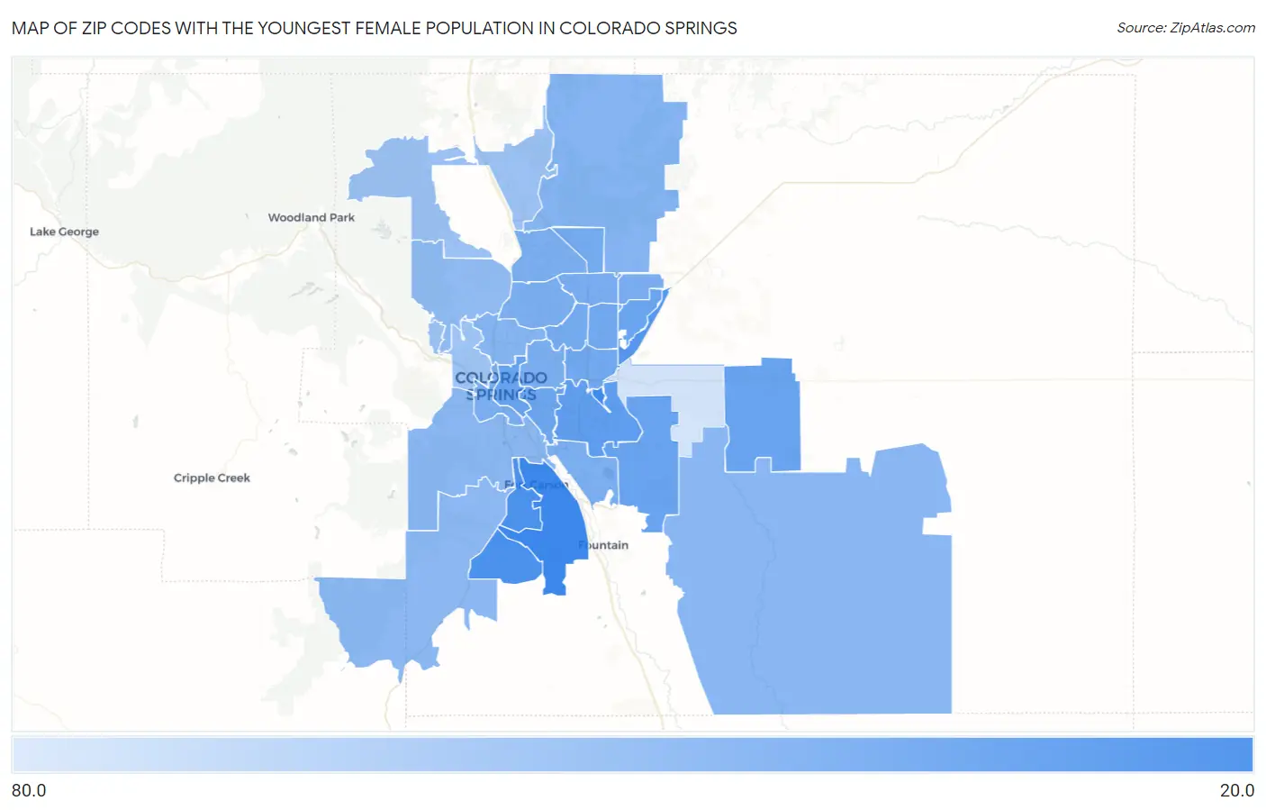 Zip Codes with the Youngest Female Population in Colorado Springs Map