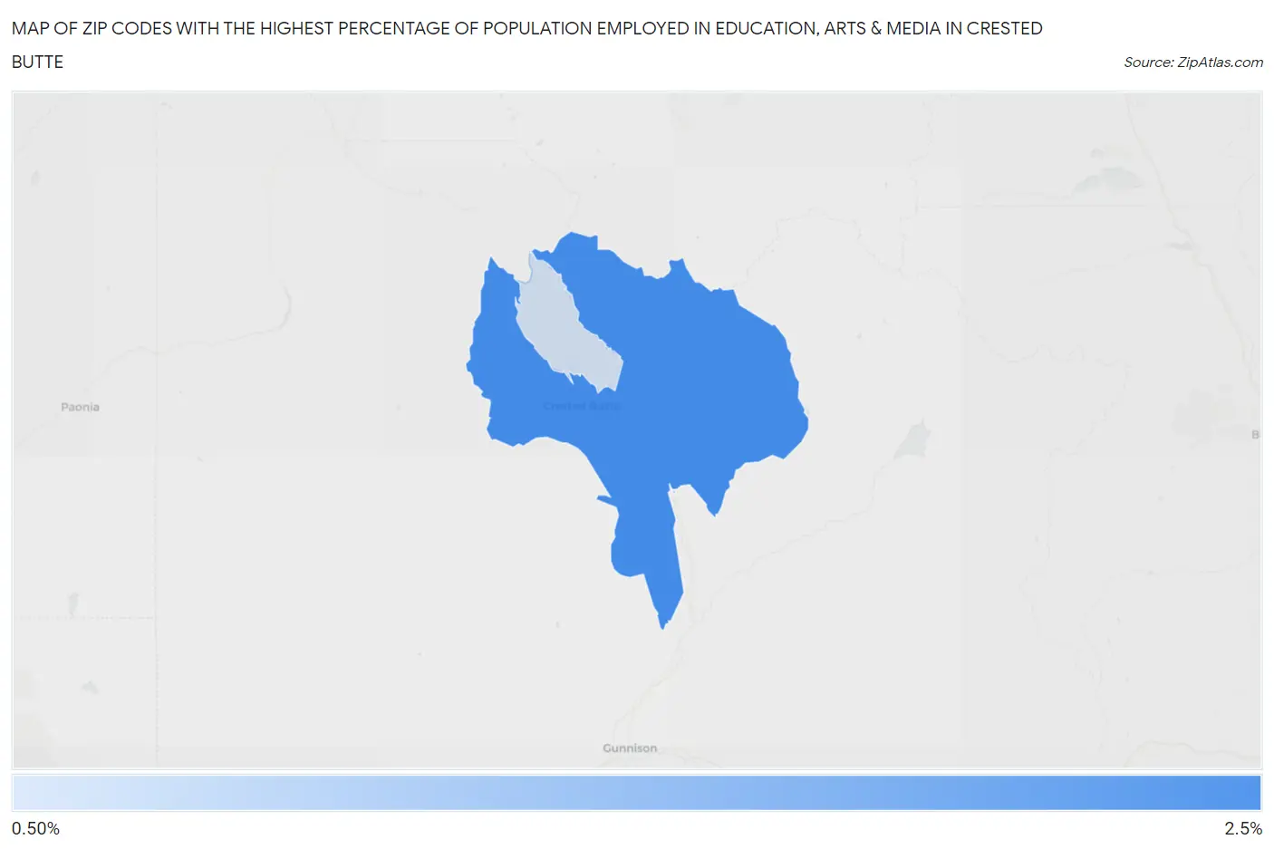 Zip Codes with the Highest Percentage of Population Employed in Education, Arts & Media in Crested Butte Map